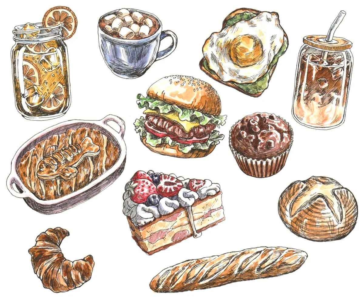 Watercolor illustrations of various breakfast foods and beverages, including a jar of lemon slices in water, two coffee cups, a fried egg on toast, a glass of iced coffee, a baked pie with a lattice crust, a cheeseburger with lettuce, tomato, cheese,
