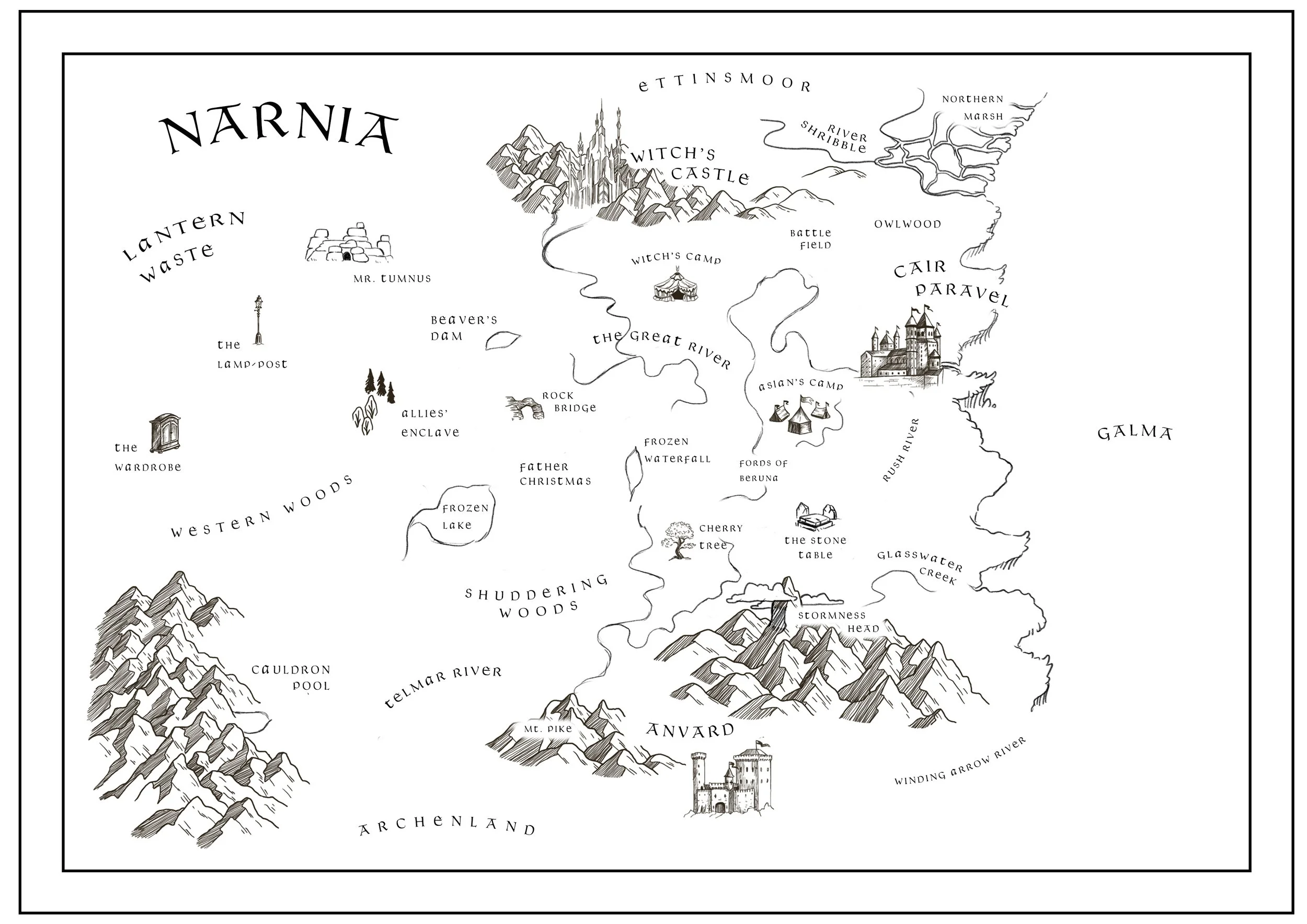 Black and white illustrated map of Narnia with labeled locations such as Witch's Castle, Lantern Waste, Mr. Tumnus, the Wardrobe, the Great River, and Archenland.