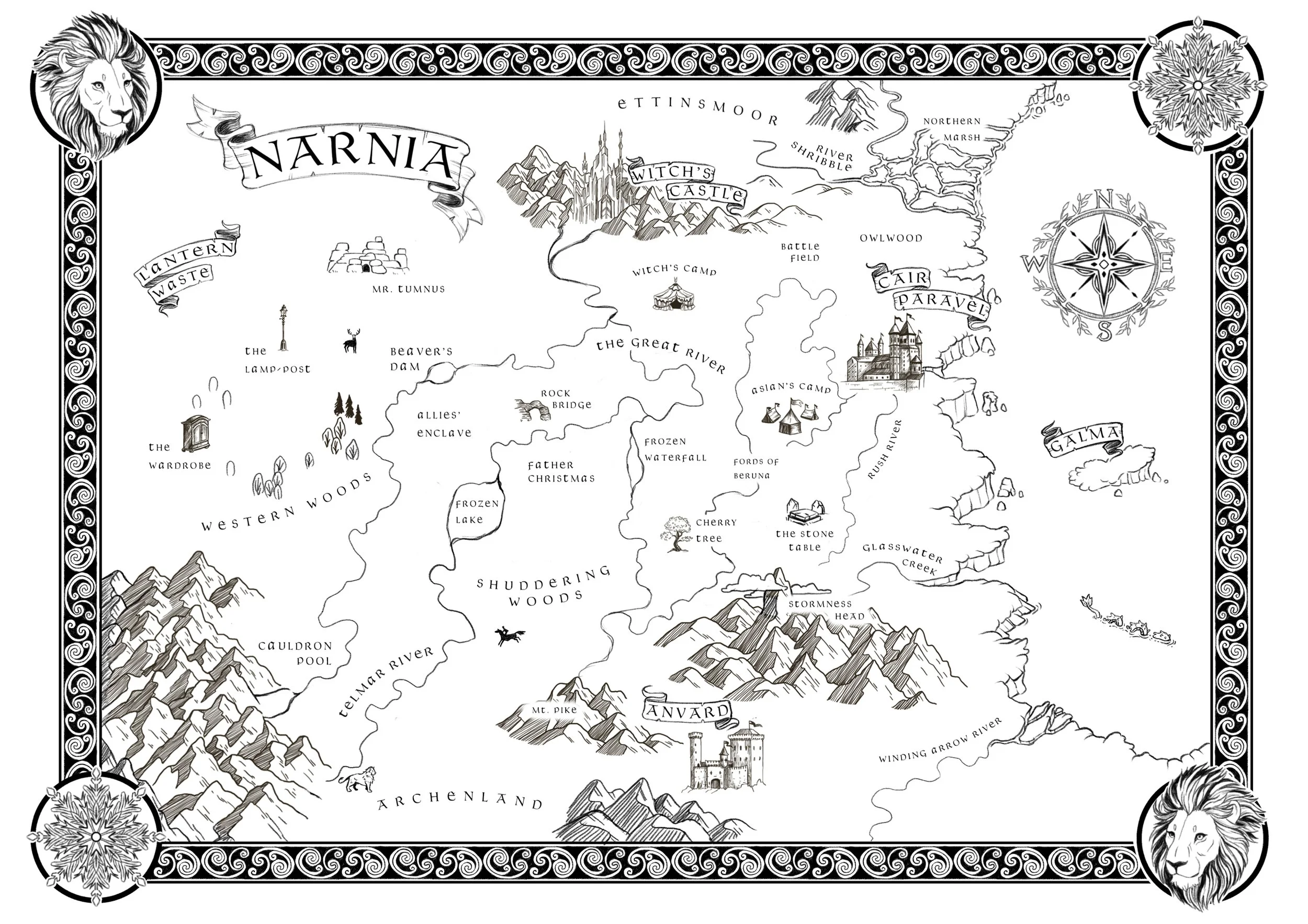 A black and white illustrated map of Narnia featuring mountains, castles, forests, rivers, and various landmarks, with decorative borders and lion motifs in each corner.