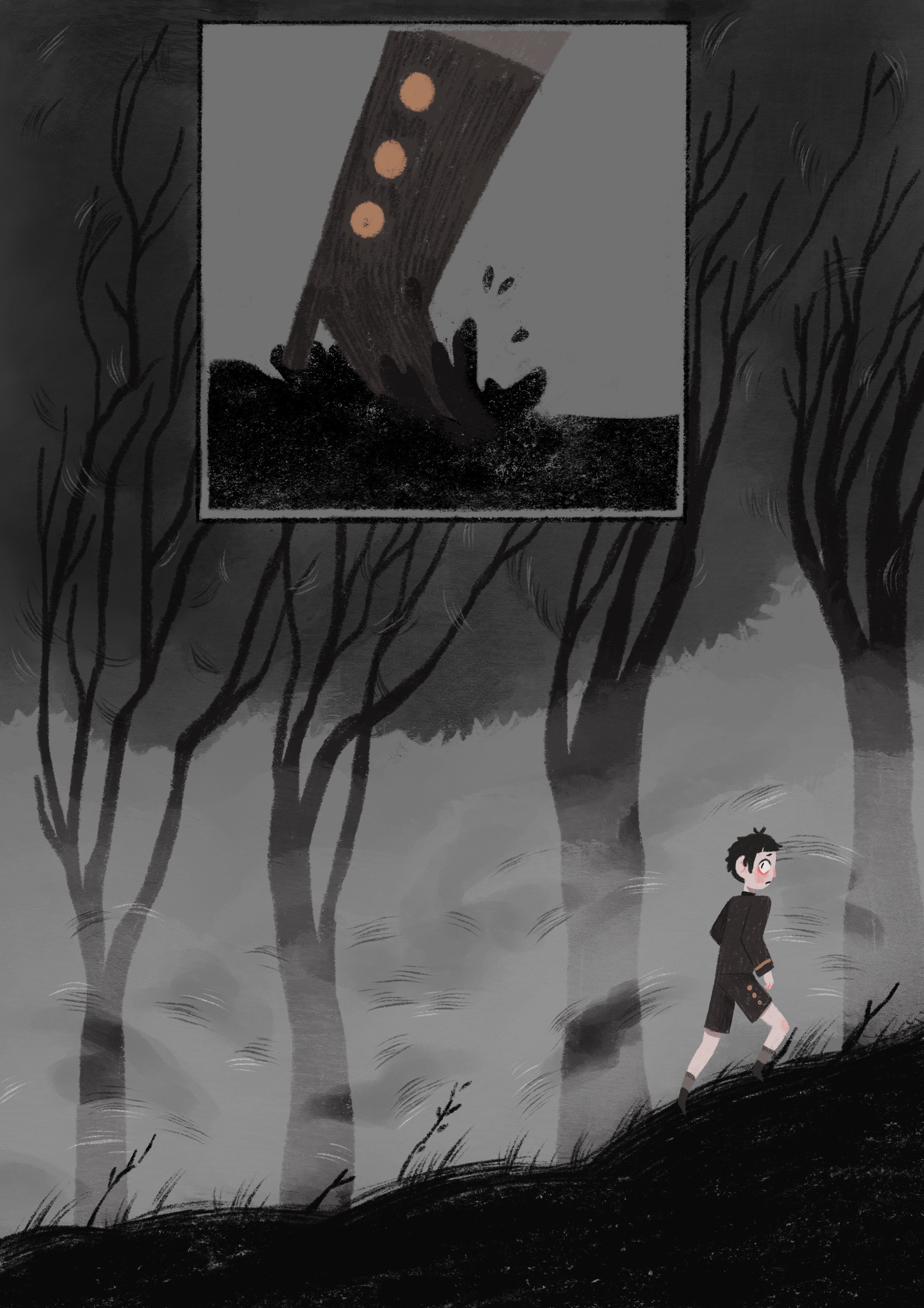 A grayscale illustration of a young boy running through a dark, barren forest with leafless trees.