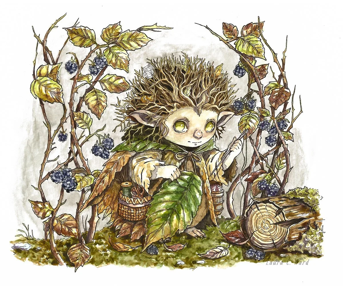 A watercolor illustration of a small, elf-like creature with green eyes, a face resembling a hedgehog, and hair made of twigs. The creature is surrounded by vine-like branches with blackberries and autumn leaves, holding a stick and a large leaf. The