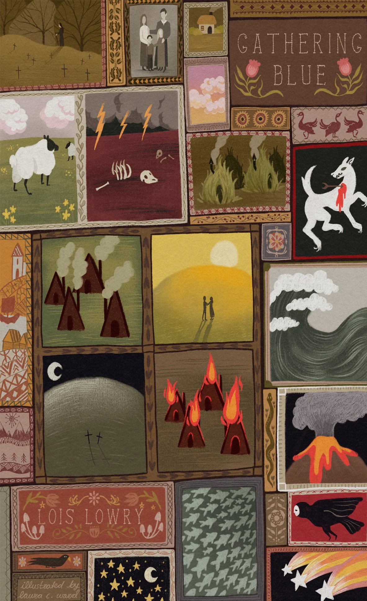 Book cover illustration for Gathering Blue by Lois Lowry, featuring a folk art-style collage of a graveyard, family portrait, house, white goat, forests, sunset, moon, volcano, storm clouds and decorative patterns.