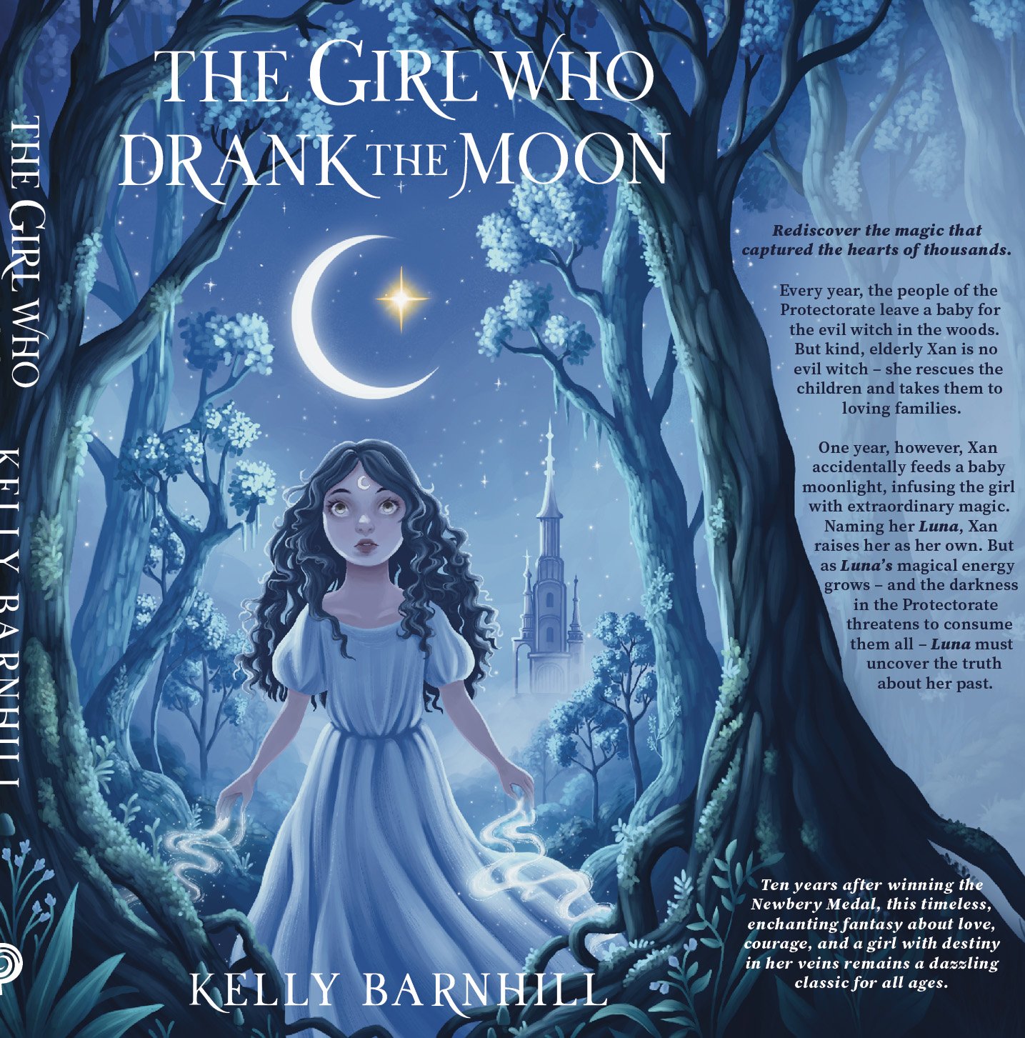 Book cover for 'The Girl Who Drank the Moon' by Kelly Barnhill. The cover illustration depicts a young girl with long, curly hair wearing a flowing white dress, standing in a mystical forest with large trees. In the sky above her, there is a crescent moon and a glowing star surrounded by a starry night sky. The background features a distant, illuminated castle.