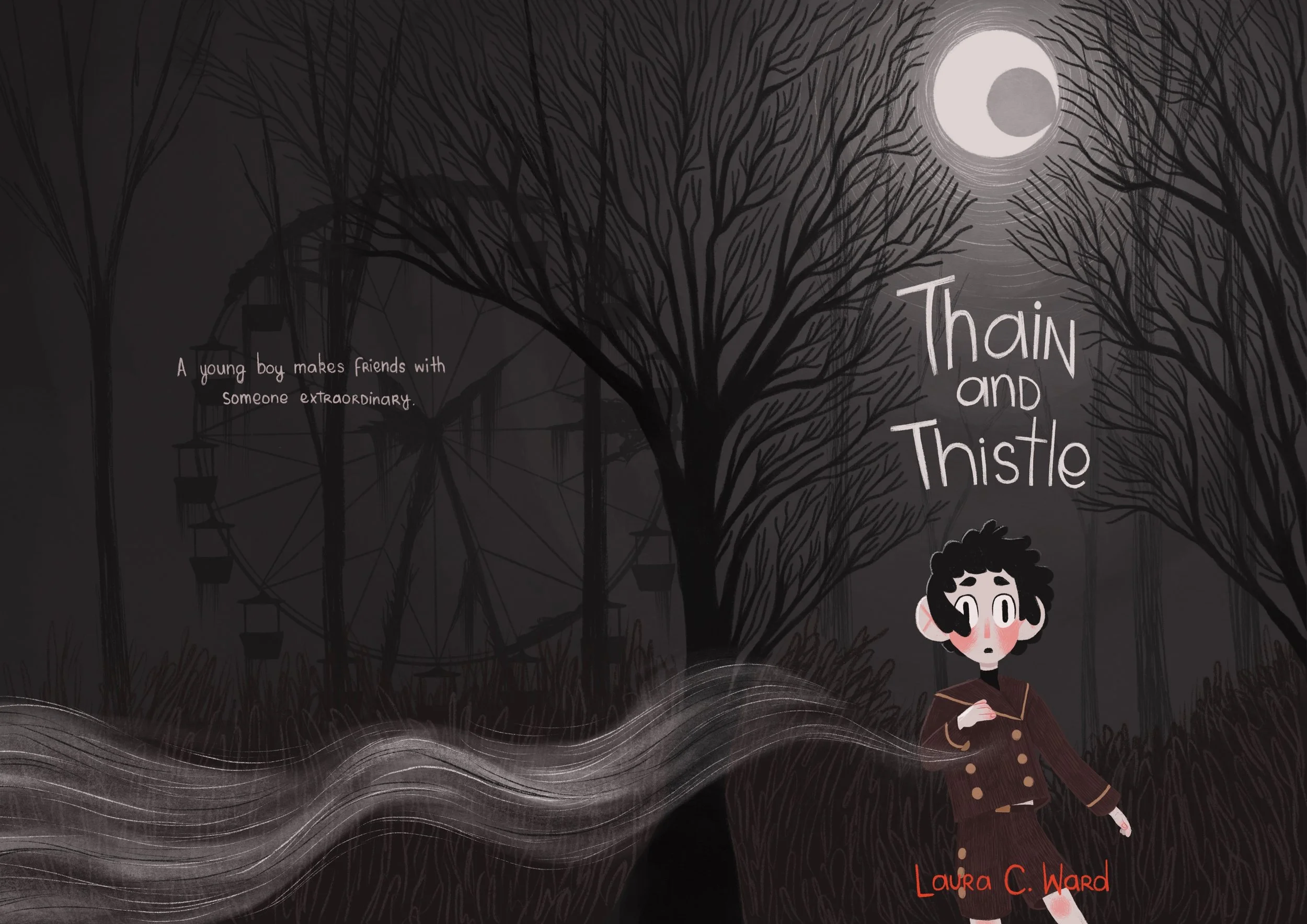 A dark illustrated scene with leafless trees, a full moon, and a young boy with curly hair and blush on his cheeks wearing a brown coat, standing outdoors at night.