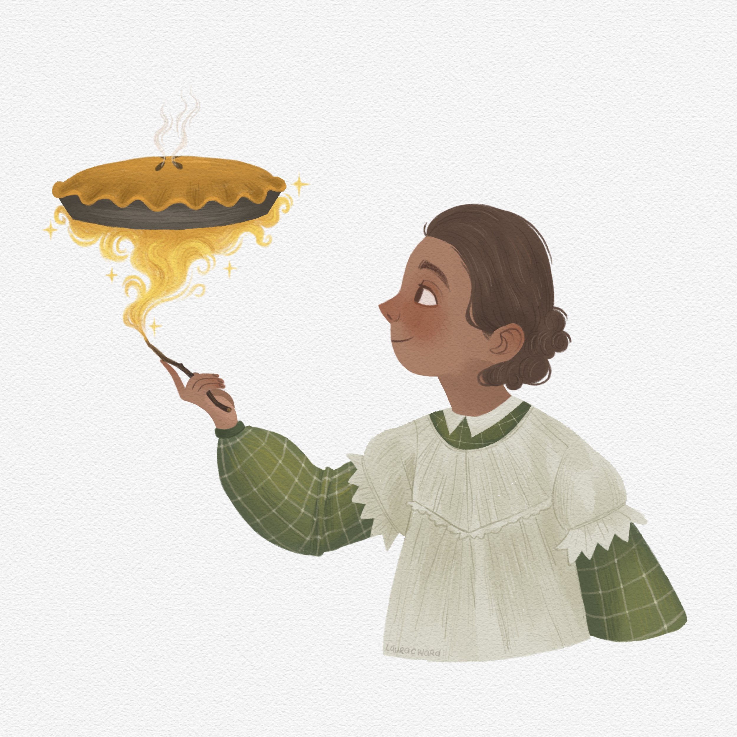 A smiling woman with curly brown hair holding a wooden wand, with a floating pie with steam and sparkles above it.