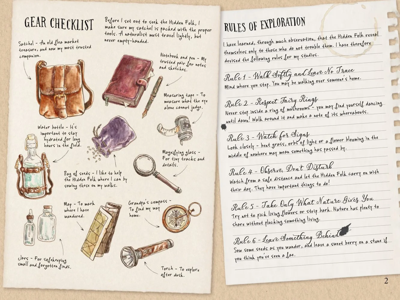 Hand-drawn illustration of a gear checklist and rules of exploration. The gear checklist includes a satchel, notebook and pen, measuring tape, water bottle, bag of seeds, map, jars, flashlight, and compass. The rules of exploration have six rules written out, emphasiing respect for nature and careful observation.