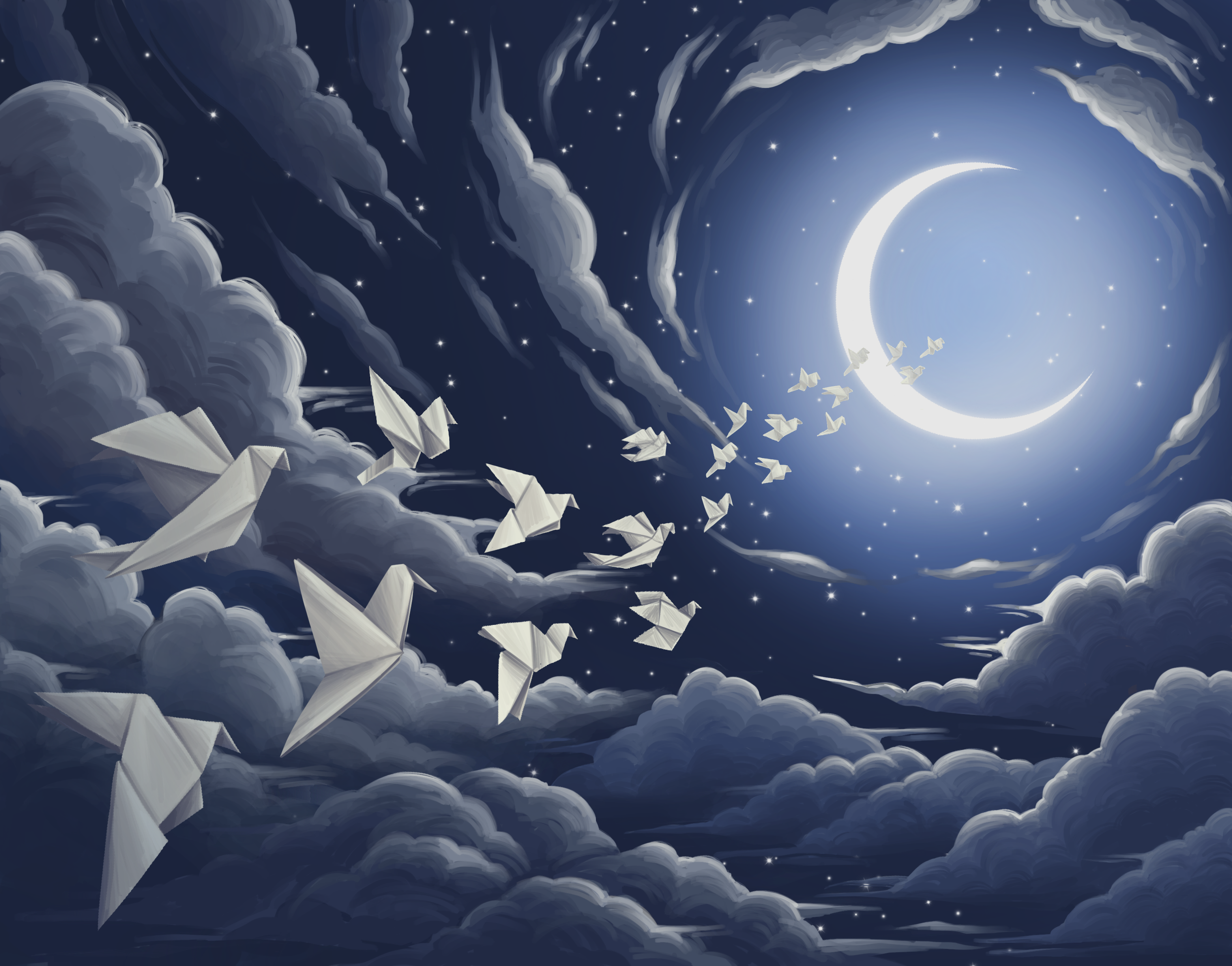 A digital illustration of a night sky with a bright crescent moon, stars, and dark clouds. Paper cranes are flying among the clouds, and some are positioned in the foreground.