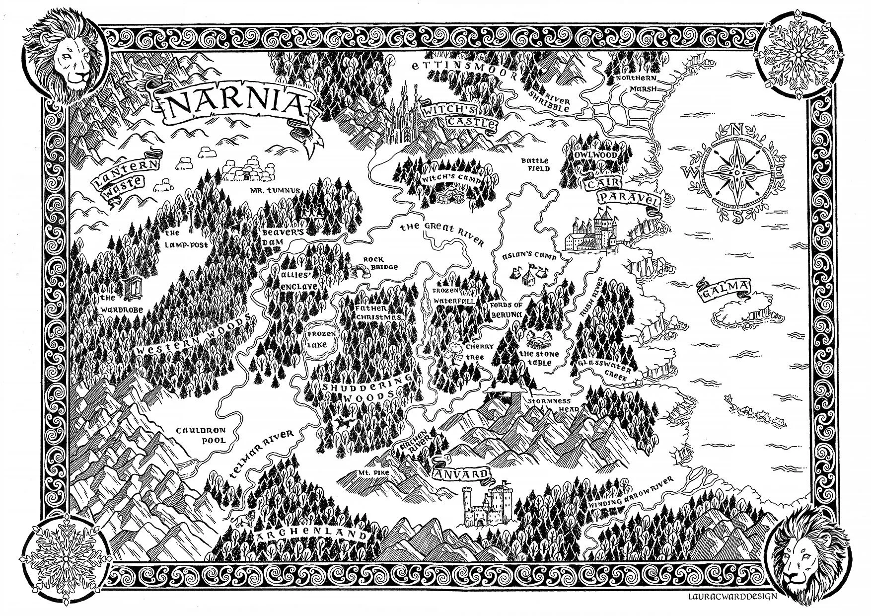 Black and white illustrated fictional map of Narnia showing various locations such as Witch's Castle, Lantern Waste, Mr. Tumnus, The Lamp-post, Beaver's Dam, The Wardrobe, Western Woods, Cauldron Pool, Terebinth Marsh River, Archland, Annard, The Stone Table, Fords of Beruna, The Great River, and Cair Paravel, with decorative borders and a lion's head at the top left and a lion's head at the bottom right.