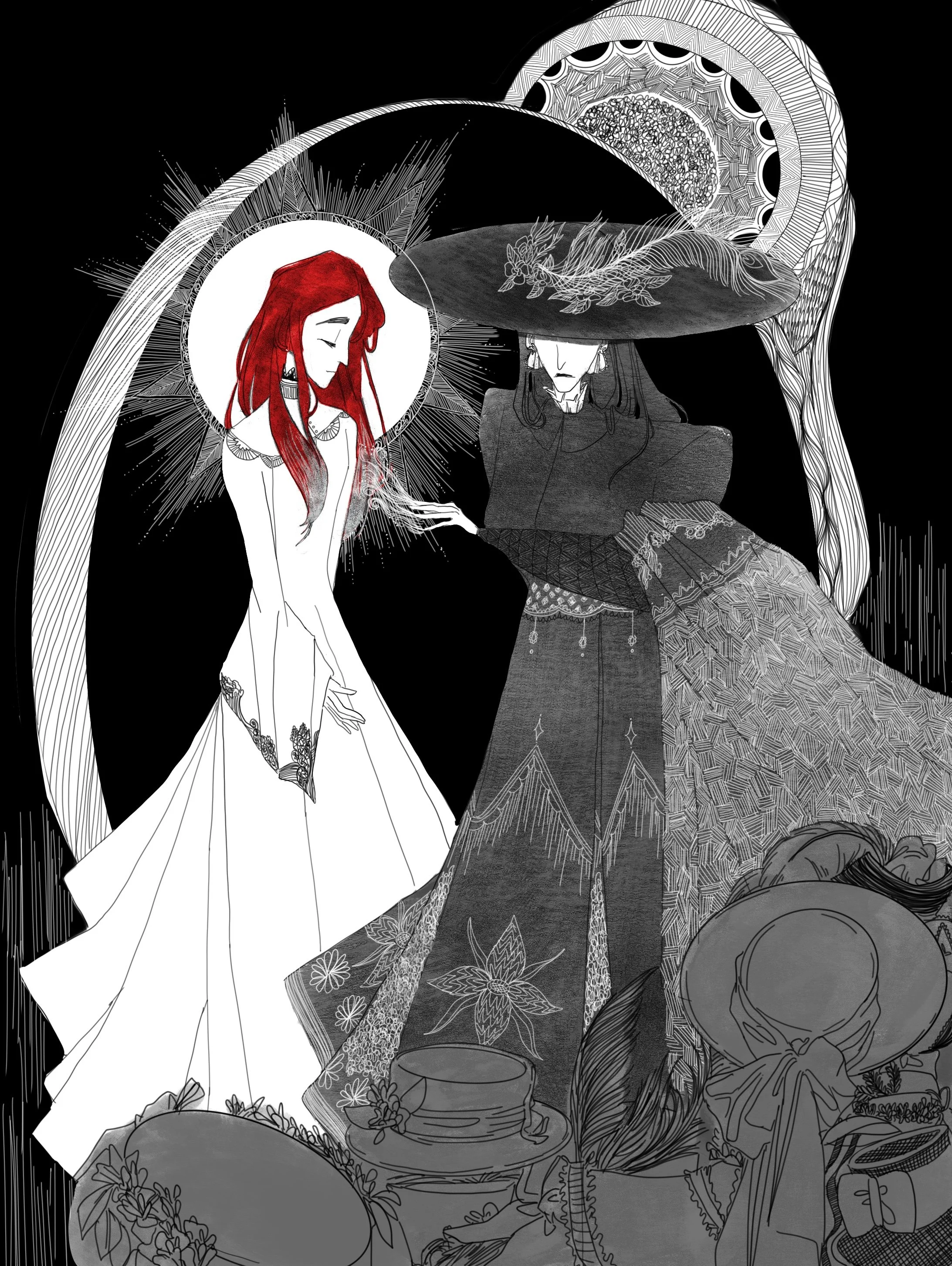 Black-and-white illustration of Sophie and the Witch of the Waste from Howl’s Moving Castle, depicting the Witch transforming Sophie, with intricate patterns, elaborate clothing and decorative details.