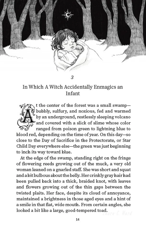 Chapter illustration of a young child sleeping in a forest at night, with a small wanness moon overhead, surrounded by trees.