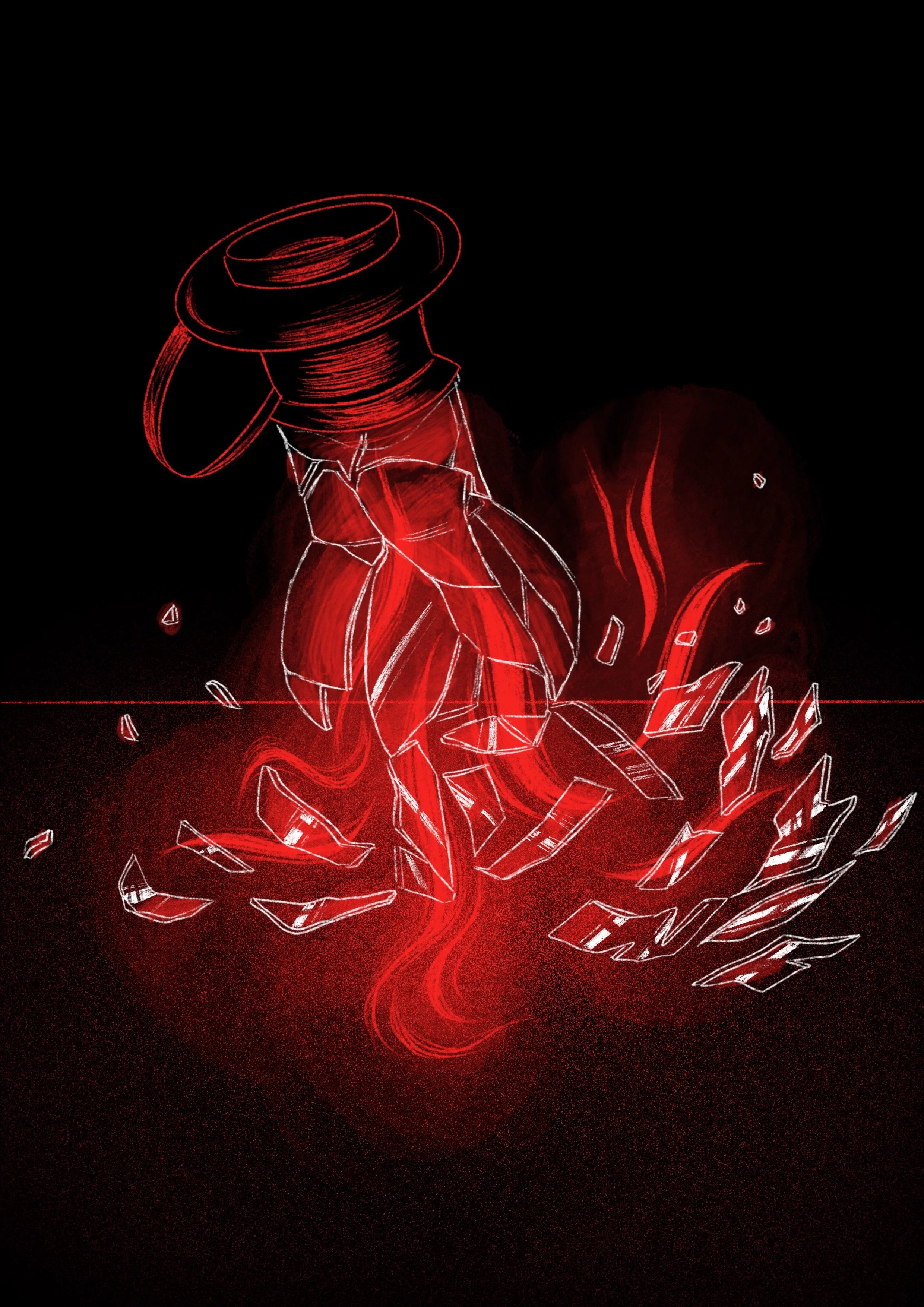 A digital illustration of a broken glass lantern depicted with glowing red and white outlines against a black background, with shards and swirling red energy.