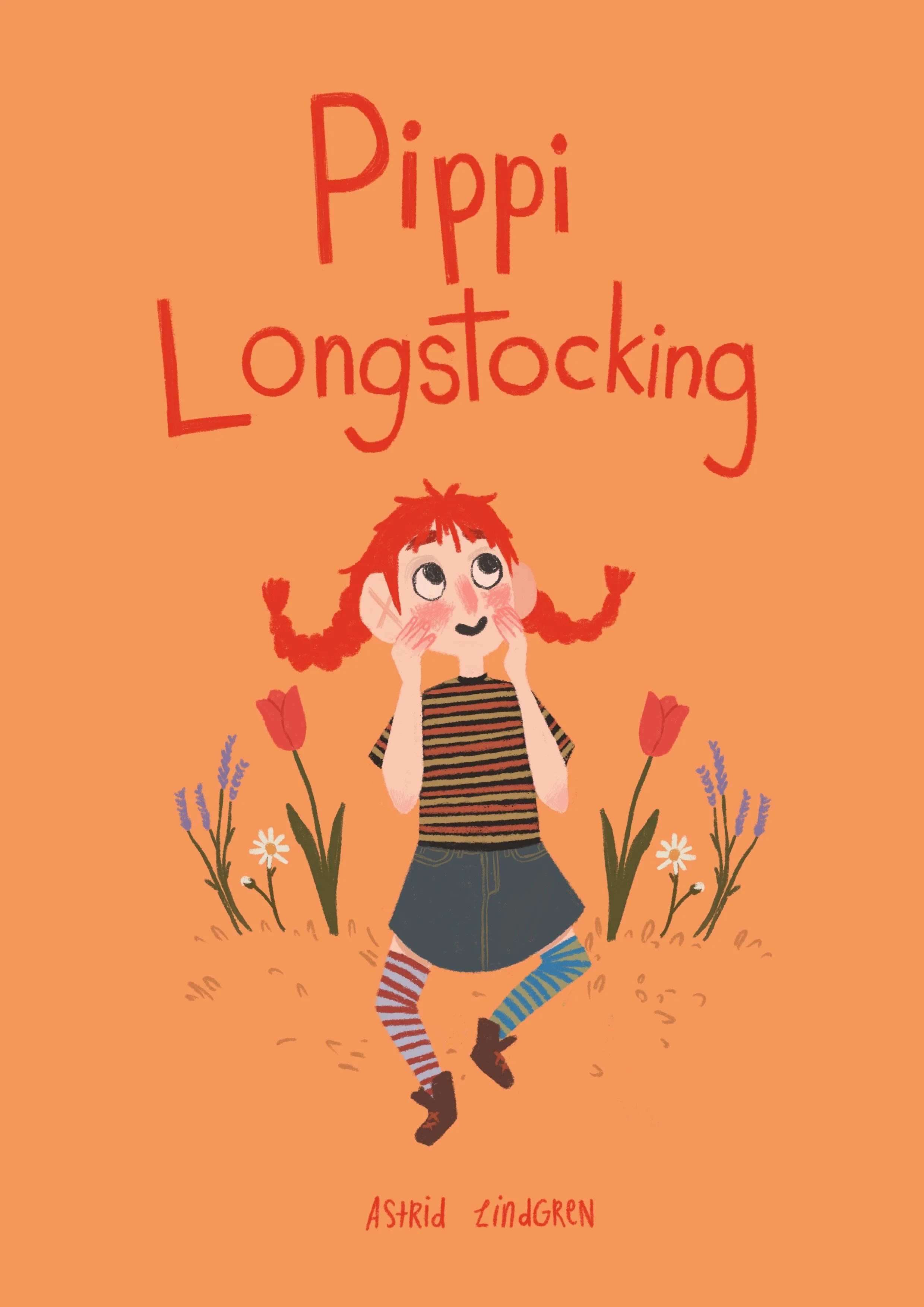 Colorful book cover featuring a girl with red hair in pigtails, wearing a striped shirt and knee-high socks, standing among flowers on an orange background, with the title 'Pippi Longstocking' in red text at the top and the author's name 'Astrid Lindgren' at the bottom.