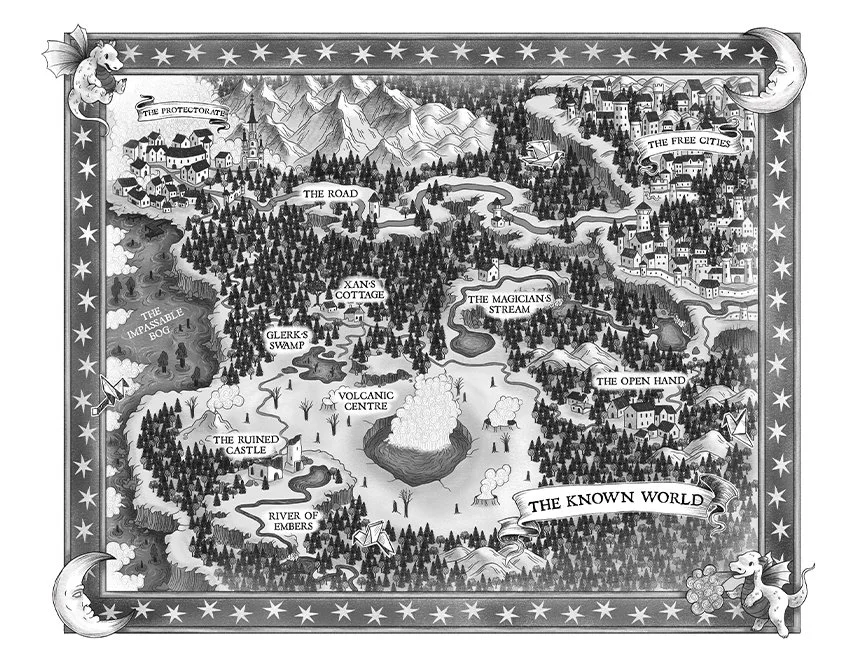 Illustrated fantasy map inspired by The Girl Who Drank the Moon by Kelly Barnhill, featuring magical landmarks, forests, rivers, mountains and imaginary kingdoms.