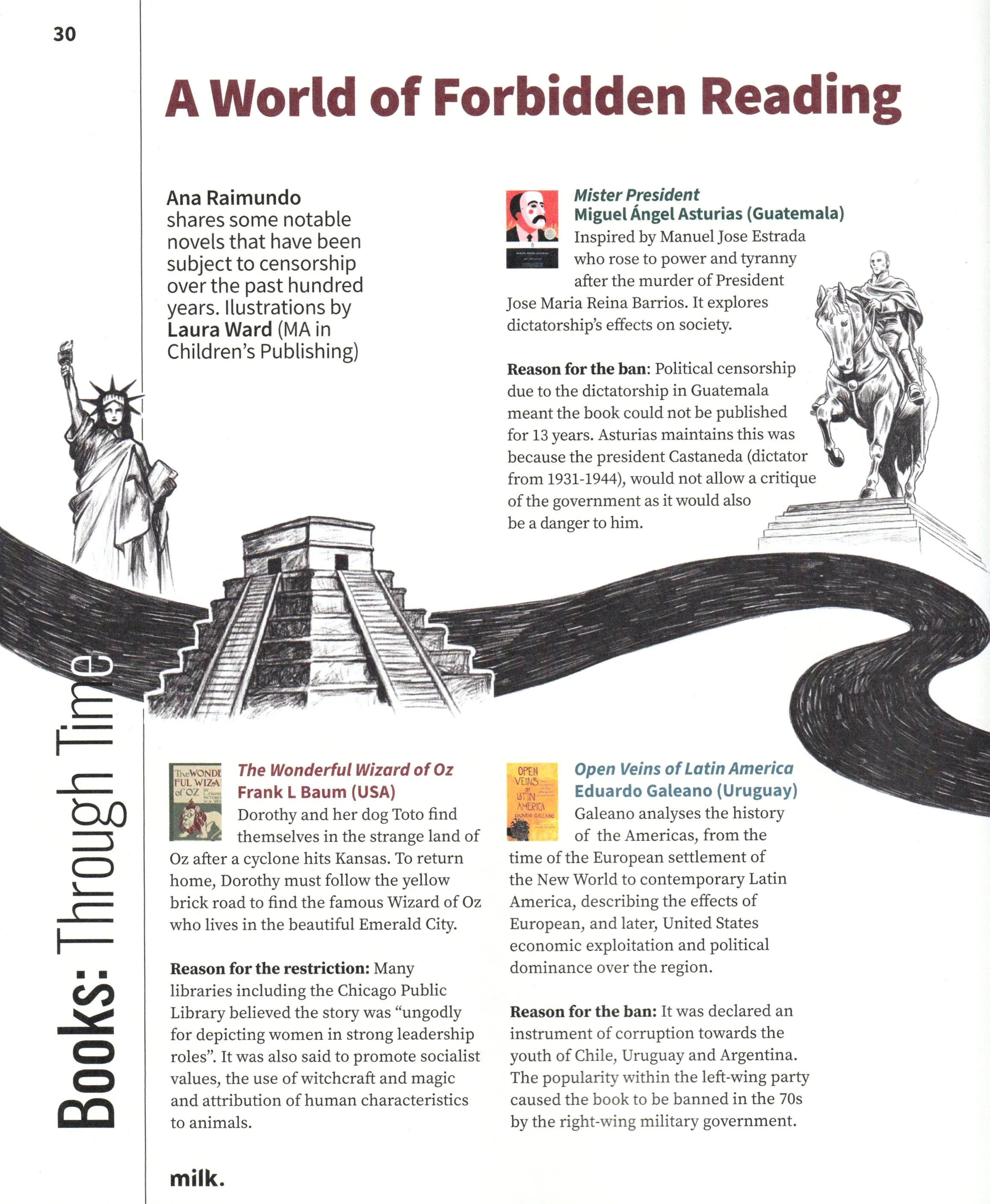 Black and white drawing of the Statue of Liberty on the left and a statue of a man riding a horse on the right, with steps in between and a winding path or stream beneath.