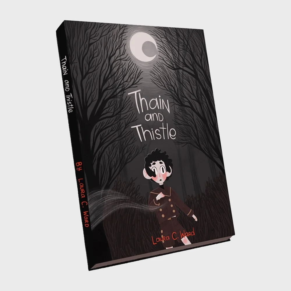 A book titled 'Thain and Thistle' with a dark, moonlit forest background and a cartoon boy.