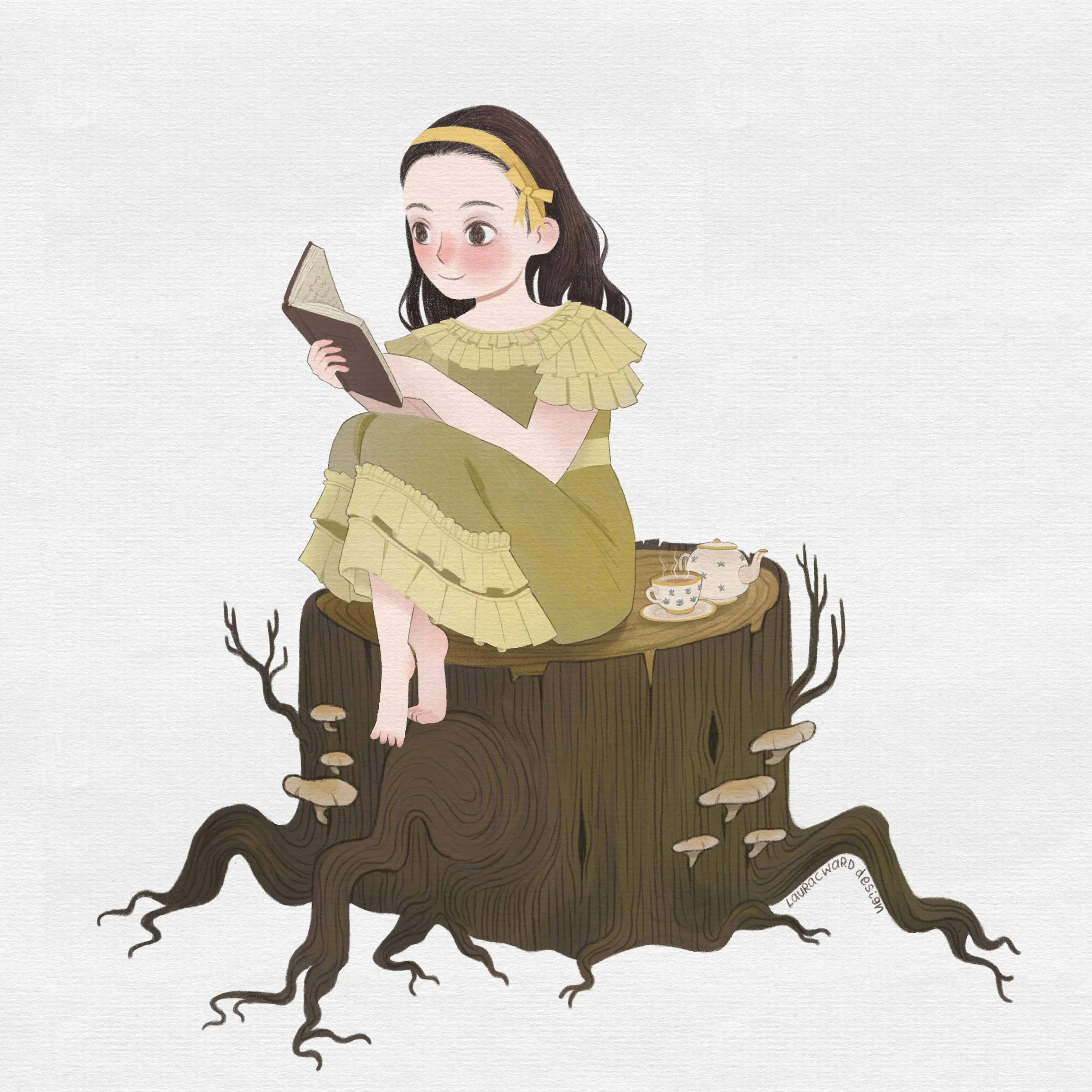 A digital illustration of a young woman with long dark hair and a yellow headband, sitting on a tree stump, reading a book, with a steaming cup of tea on a small plate beside her, in a minimalist style.