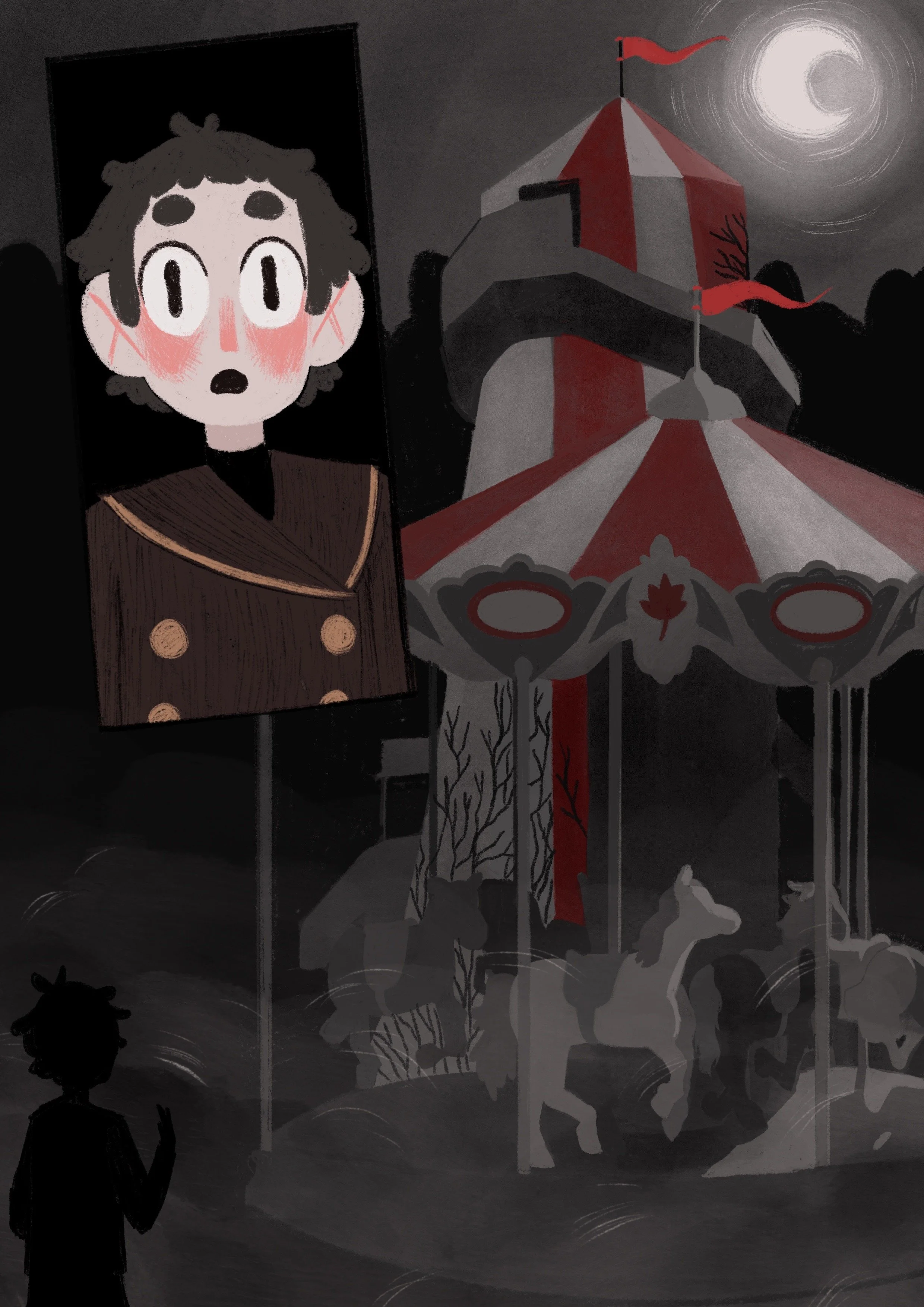 A person standing outside at night, looking up at a circus tent under a full moon. The circus tent is red and white striped with a red flag on top.