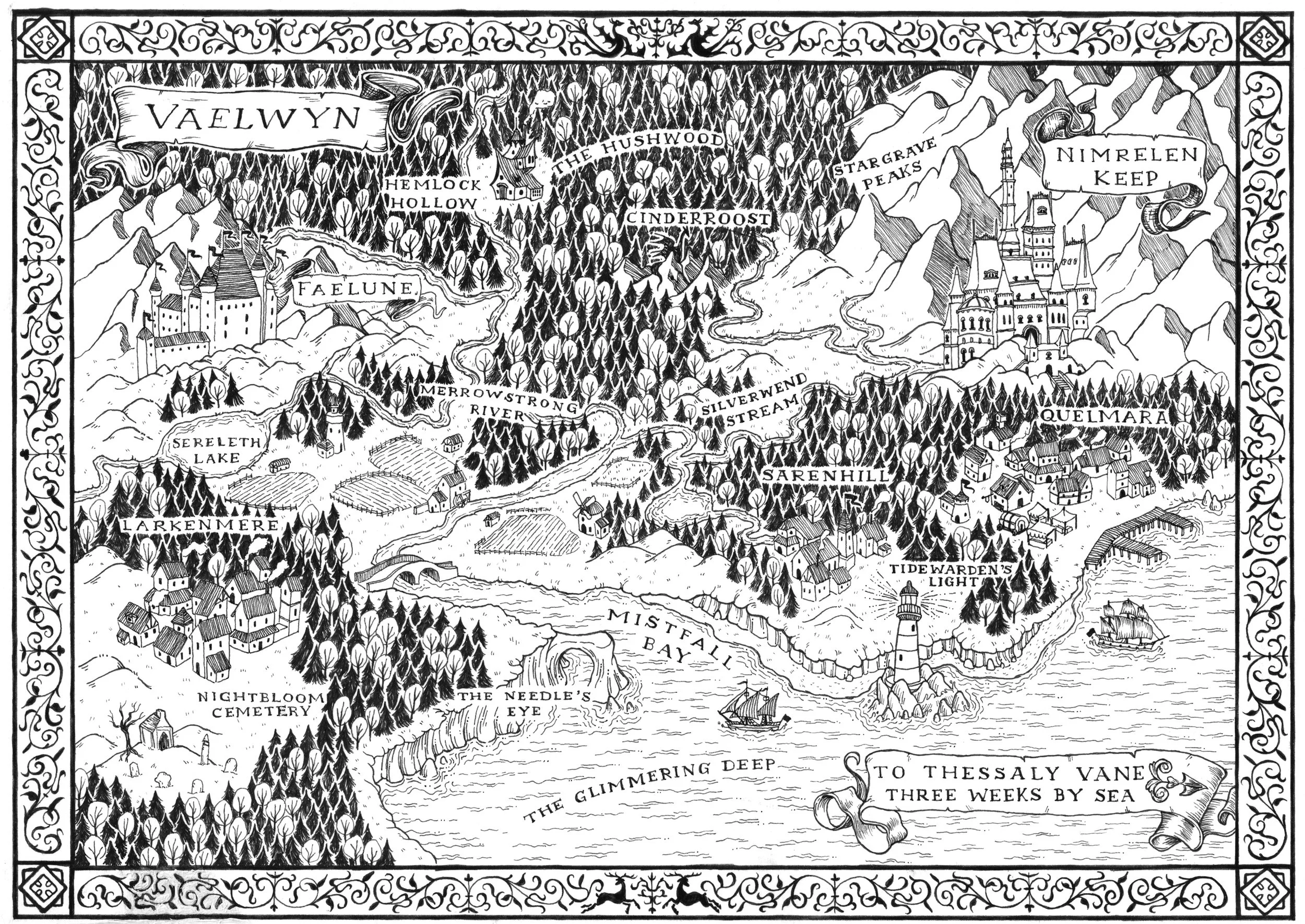 A detailed black and white illustrated map of a fictional land called Vaelwyn, featuring mountains, forests, rivers, lakes, castles, villages, and various landmarks with labeled names such as Hemlock Hollow, The Hushwood, Stargrave Peaks, Nimrelsen K
