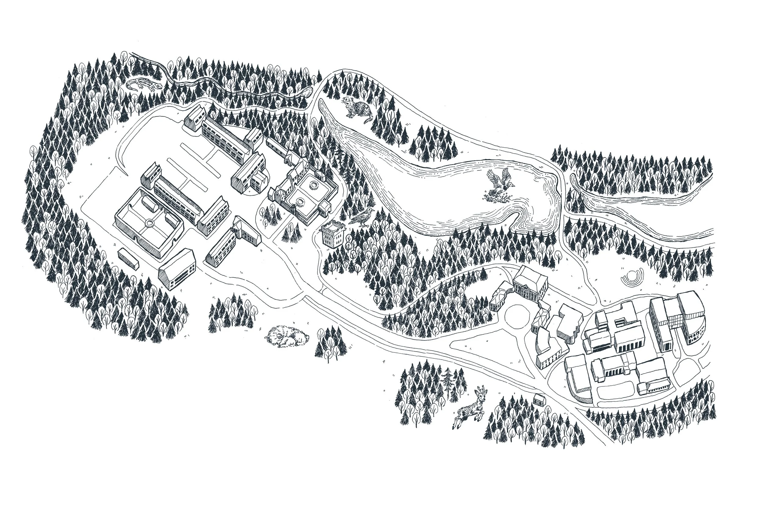 A detailed black and white illustration of a large campus-style complex surrounded by dense forest. The complex includes multiple buildings, sports fields, and a pond with wildlife.