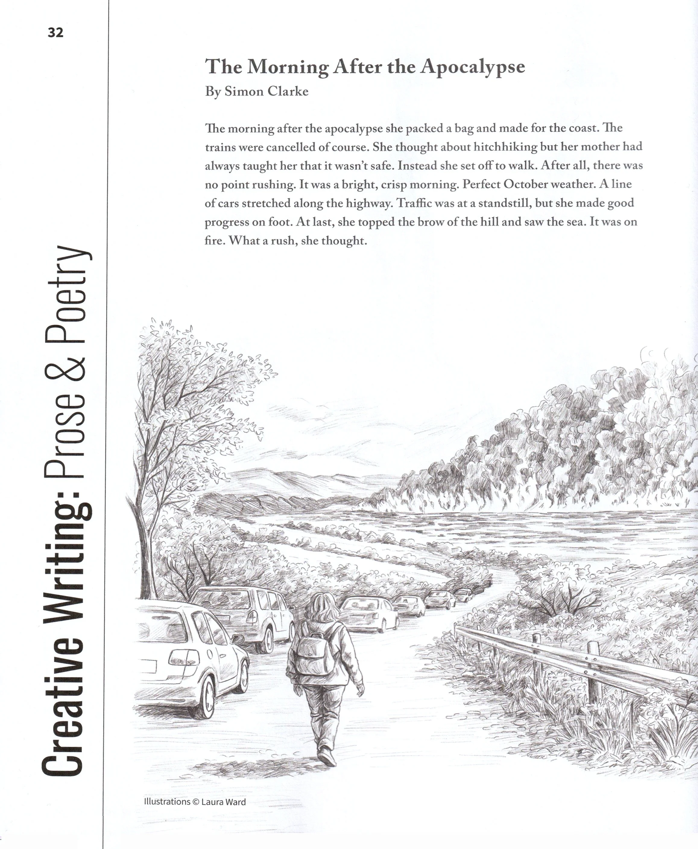 Black and white illustration of a woman walking on a rural highway, carrying a backpack, with several cars parked along the side and a line of trees and bushes on the right, with mountains in the background.