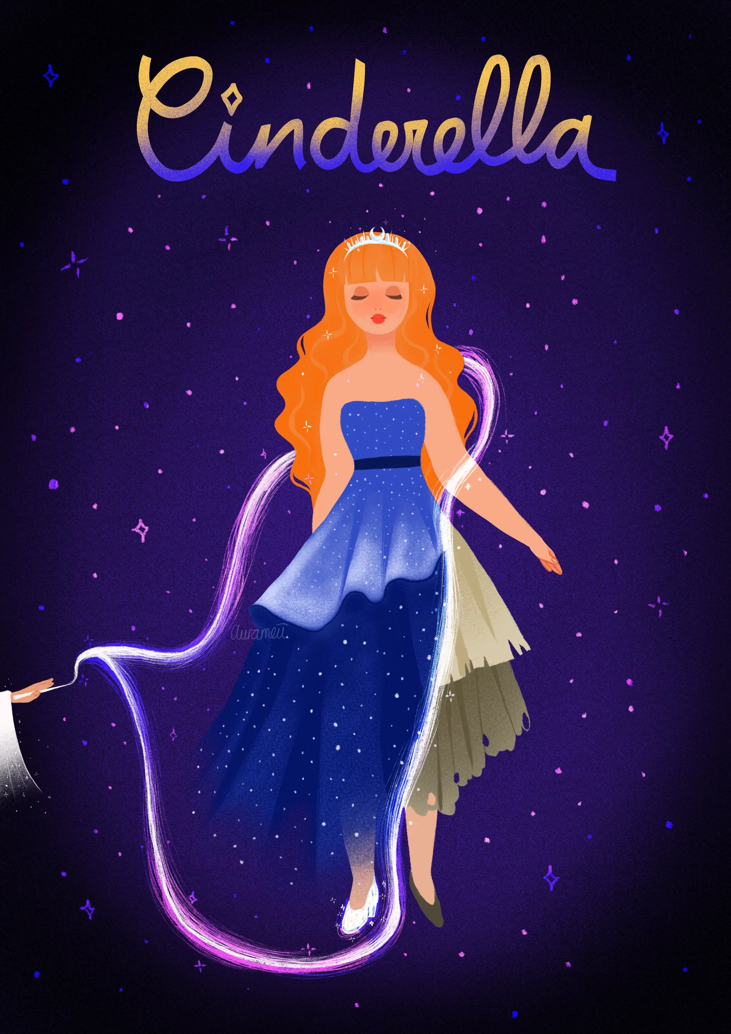 An illustration of a girl with long red hair in a blue dress, wearing a tiara, standing amidst a starry background. The word "Cinderella" is written at the top in gold and purple lettering. A hand holding a wand is visible in the left foreground, producing a glowing pink trail around her.