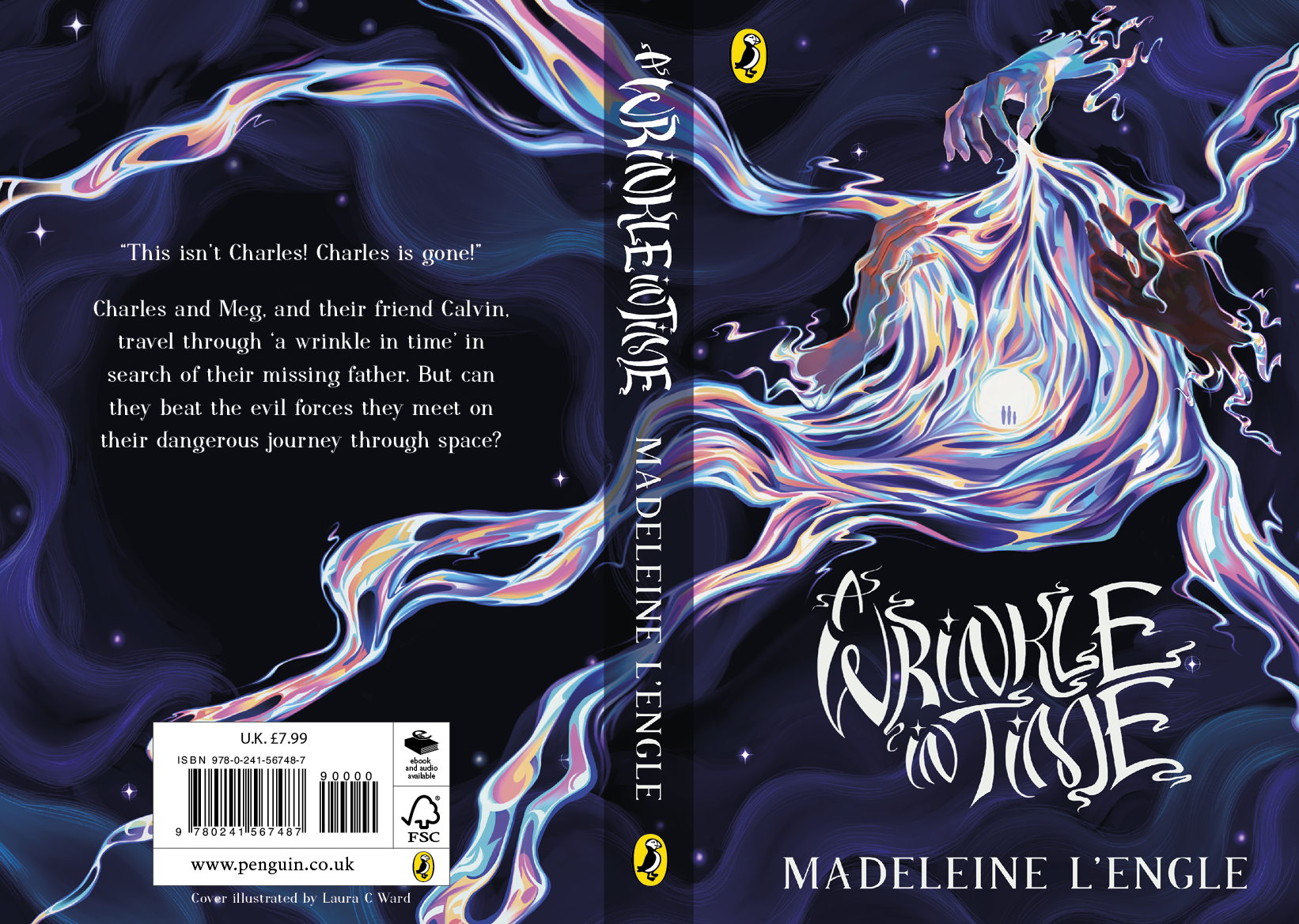 A fantasy book cover titled "A Wrinkle in Time" by Madeleine L'Engle. The cover features swirling, colorful lines forming a mystical, glowing figure reaching out with two hands. The background is dark with stars and cosmic elements.