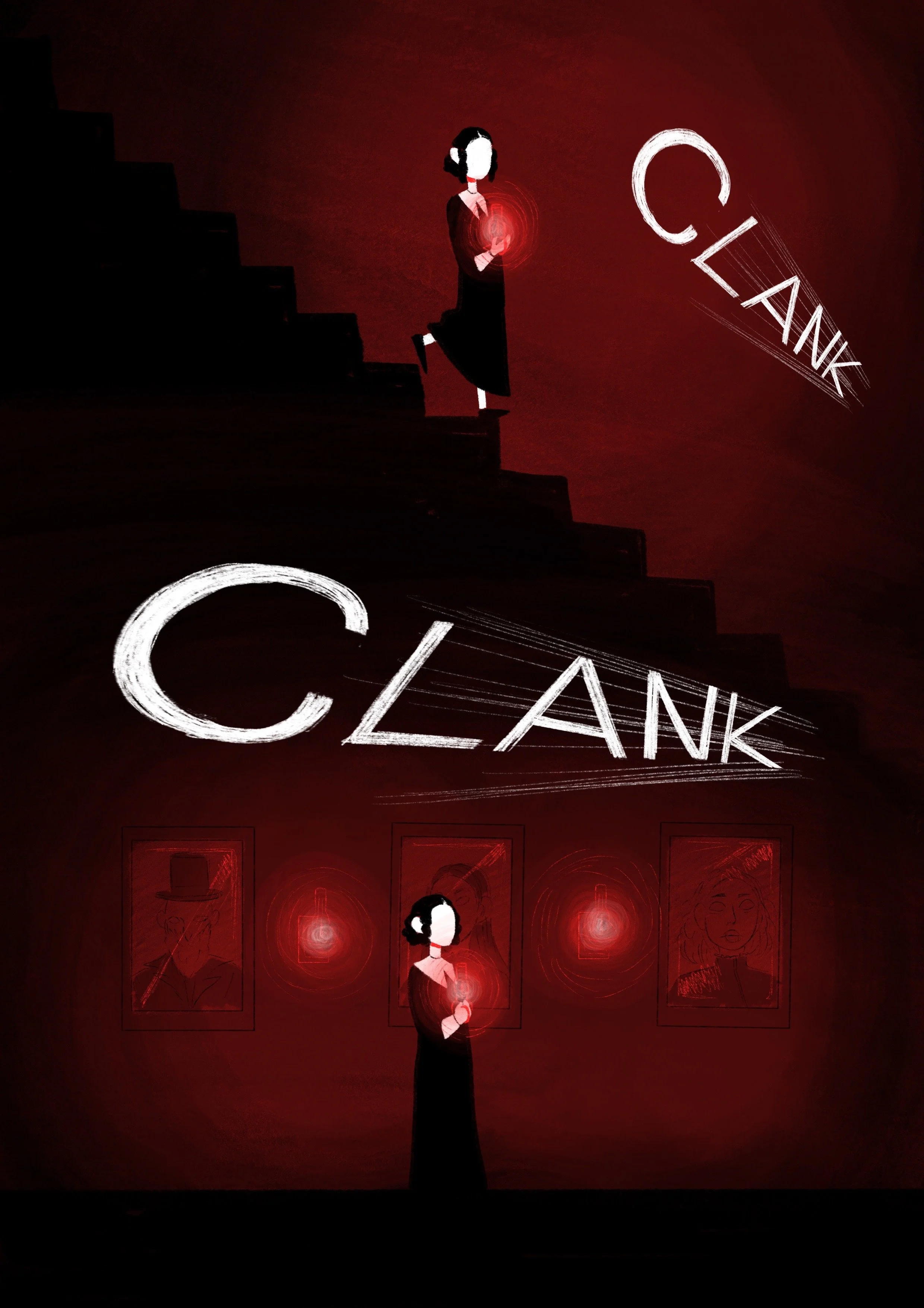 A stylised illustration of a woman with dark hair, standing on stairs with dark silhouette art. The woman is depicted in two positions, one near the stairs and one standing in front of framed artwork, with light red glowing orbs near her.