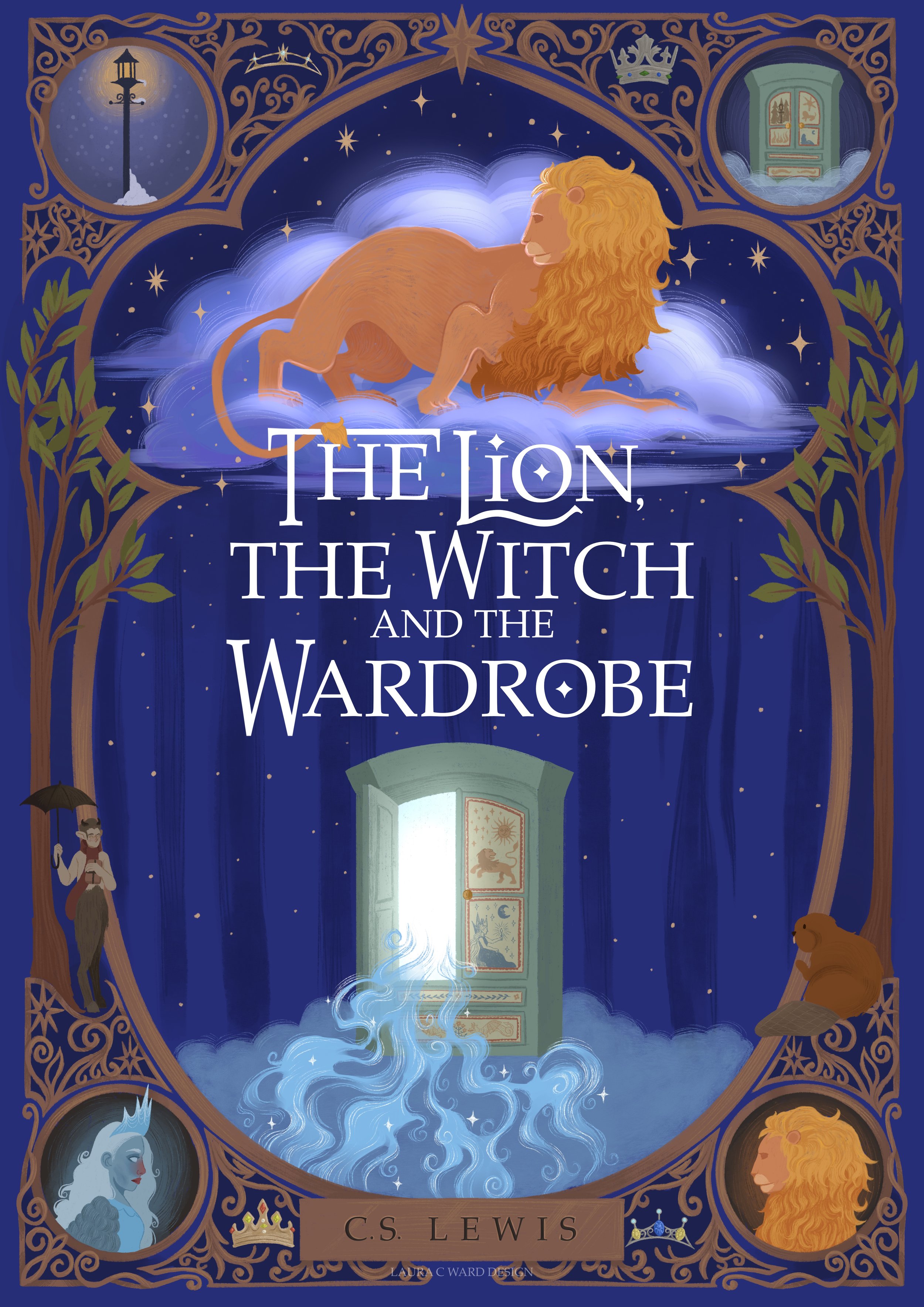 The cover illustration of a book titled 'The Lion, the Witch and the Wardrobe' by C.S. Lewis. It depicts a magical wardrobe with glowing opening, from which stardust and mist flow out, set in a fantastical, starry night sky background. Around the border, there are elegant, wooden frame designs. The top corners feature small circular illustrations: a street lamp and a window with a winter scene, along with a throne and a mythical creature inside the wardrobe, and a lion and a unicorn in the lower circles. There is also an illustration of a snowy mountain and an icy figure in the lower left corner.