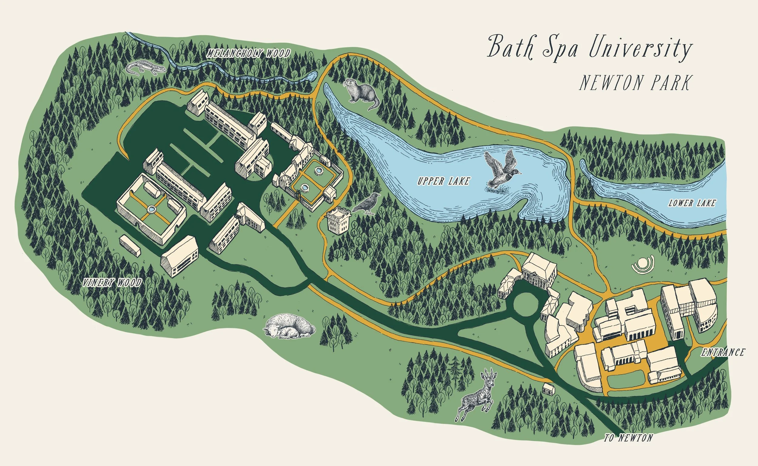 Map of Bath Spa University Newton Park campus showing buildings, Upper Lake, Lower Lake, Melancholy Wood, Vineyard Wood, and surrounding pathways and landmarks.