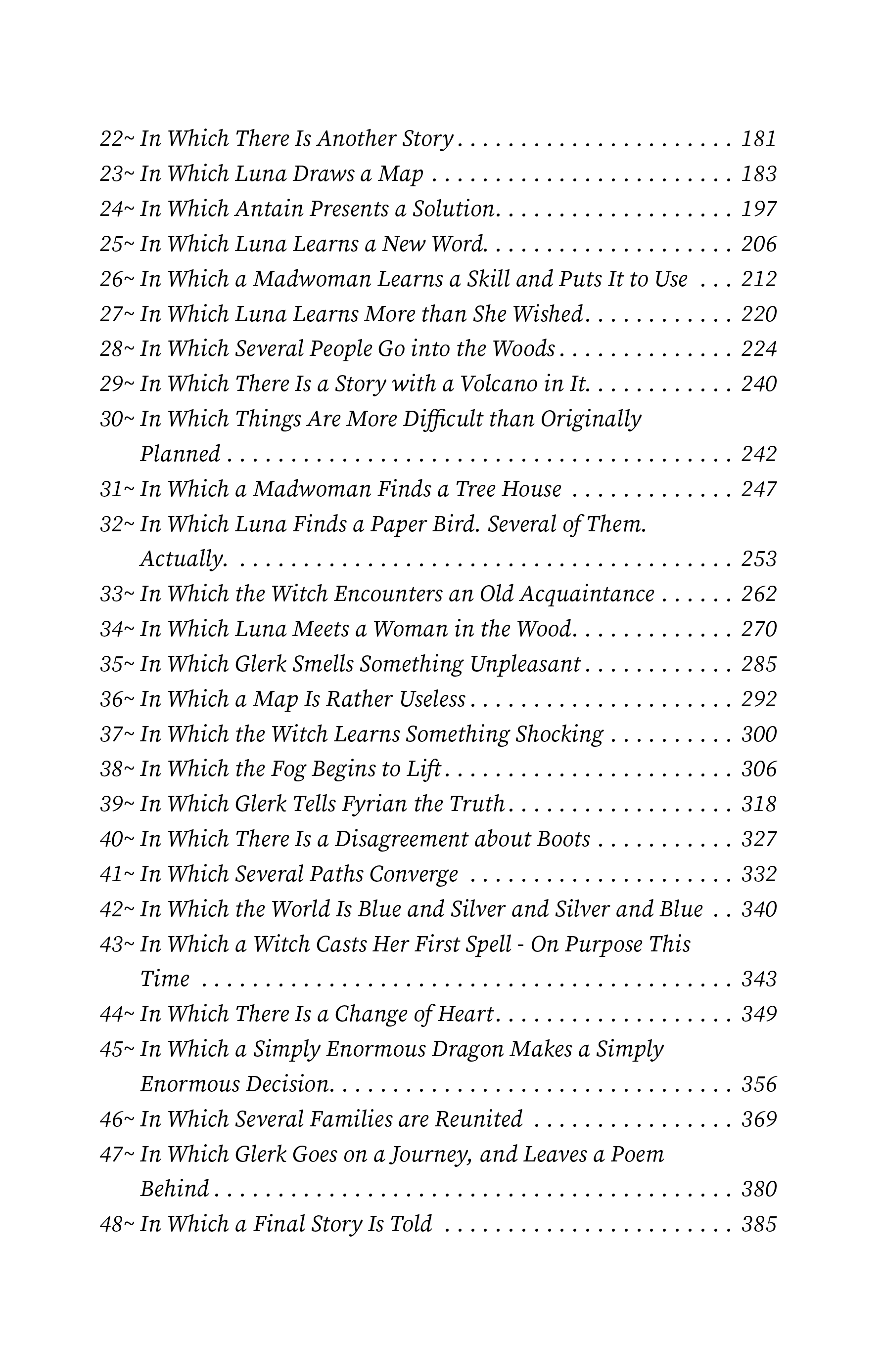 Table of contents of a book, listing chapters with titles and page numbers.