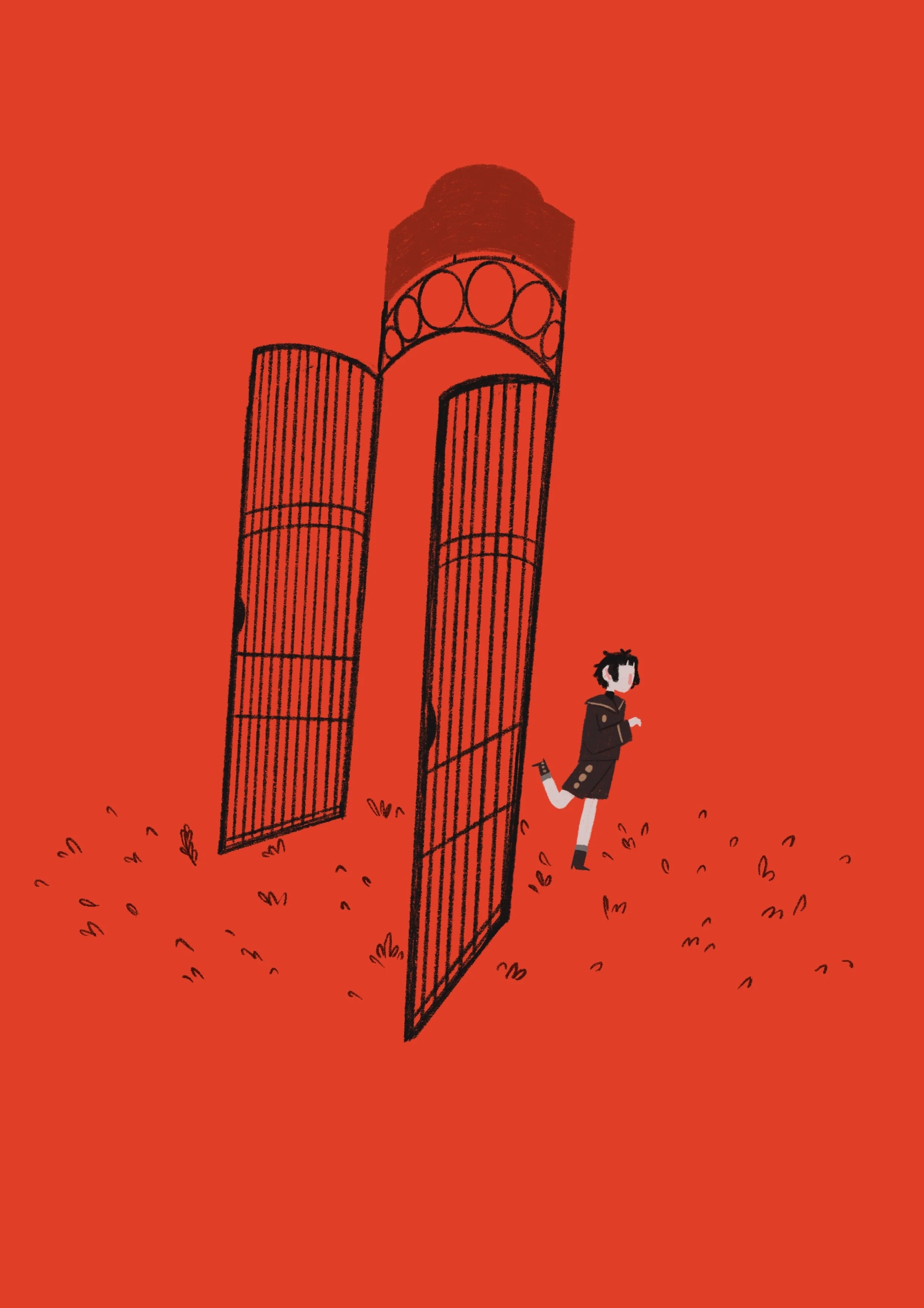 A person running away from a tall, open gate all set against a bright red background.