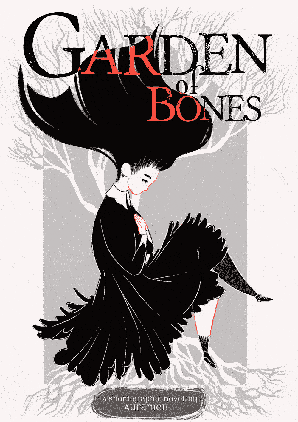 Cover of the graphic novel 'Garden of Bones', featuring a stylised illustration of a girl with long black hair, wearing a black outfit, sitting with her knees drawn up, against a background of leafless trees in grayscale.