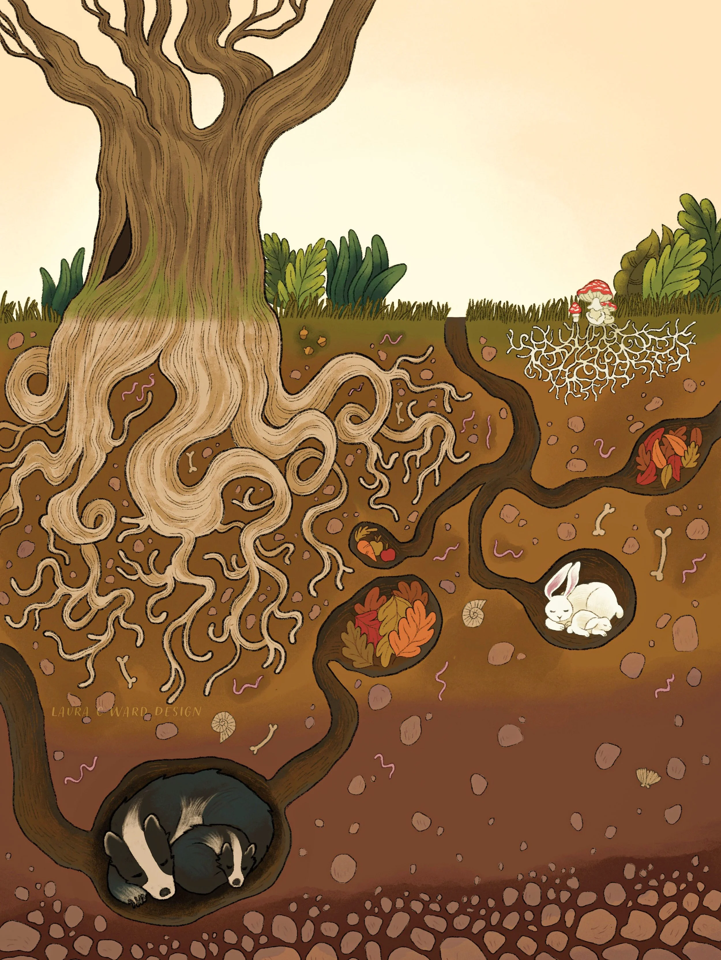 An illustration showing a large tree with intertwined roots, a rabbit sleeping in a burrow, a black and white dog curled up in a den, mushrooms, and leaves scattered on the ground, with various plants and foliage surrounding the scene.