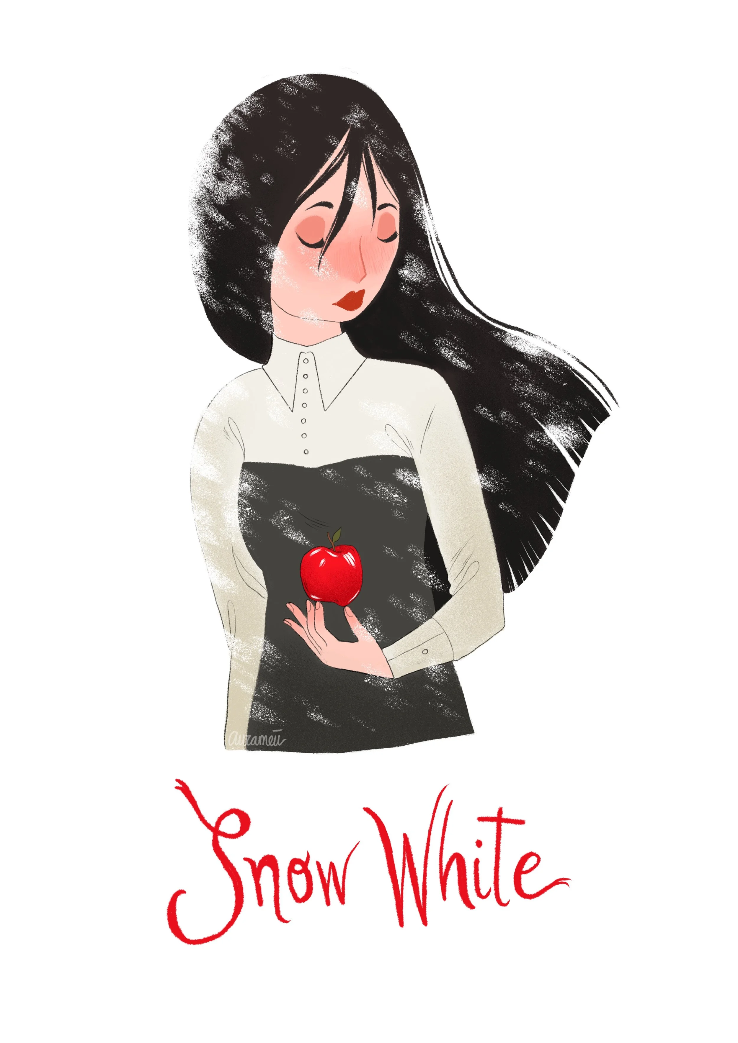 Digital illustration of a woman with long black hair, closed eyes, and red lipstick, holding a red apple, with text reading 'Snow White' in red font.