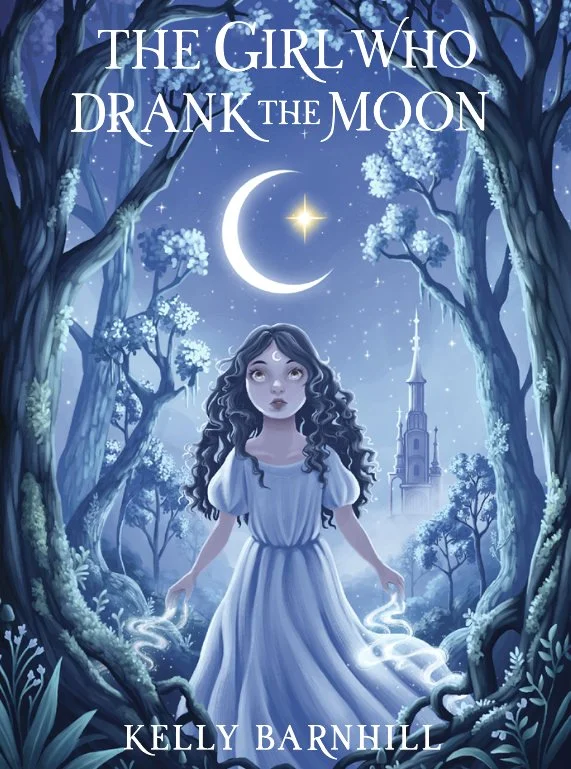 Book cover titled "The Girl Who Drank the Moon" by Kelly Barnhill, featuring a young girl with curly hair in a white dress standing in a moonlit forest with a castle in the background.