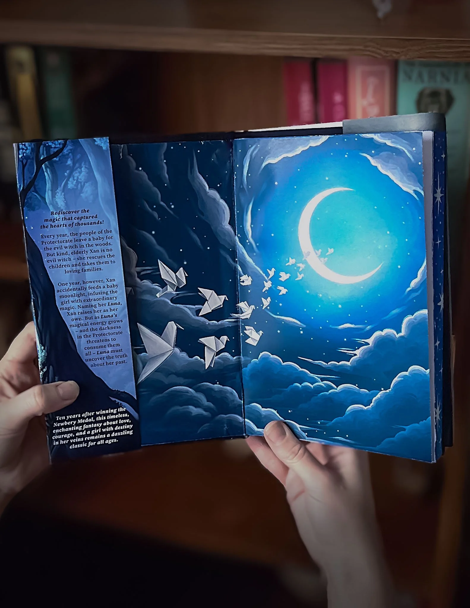 An open book with a night sky and moon illustration, being held by two hands with a bookshelf in the background.