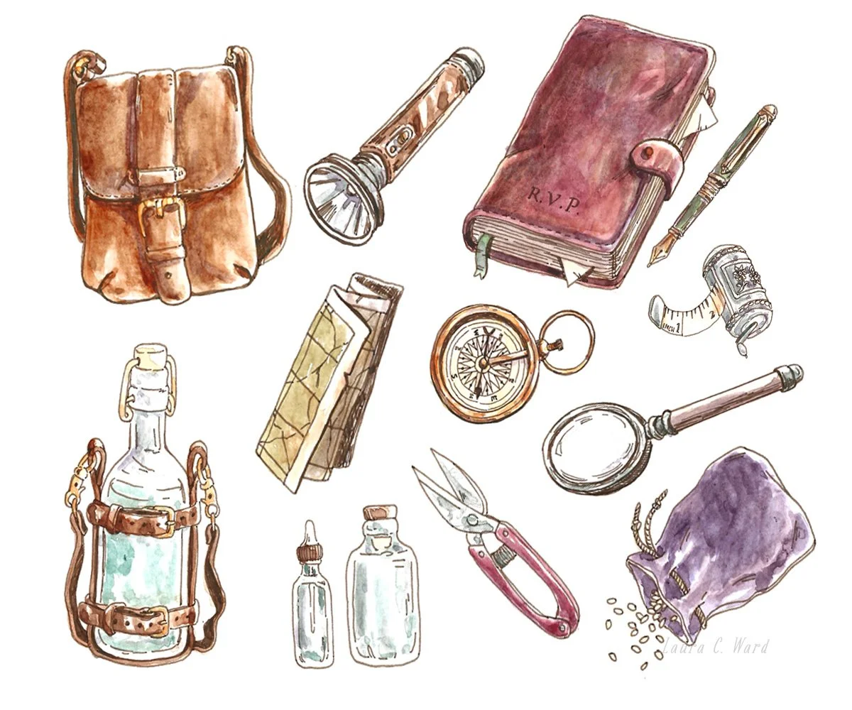 Water bottles, a flashlight, a leather bag, a journal marked RSVP, a pocket watch, a magnifying glass, a pair of scissors, a small bottle, and a spilled capsule bottle, all illustrated in watercolor style.