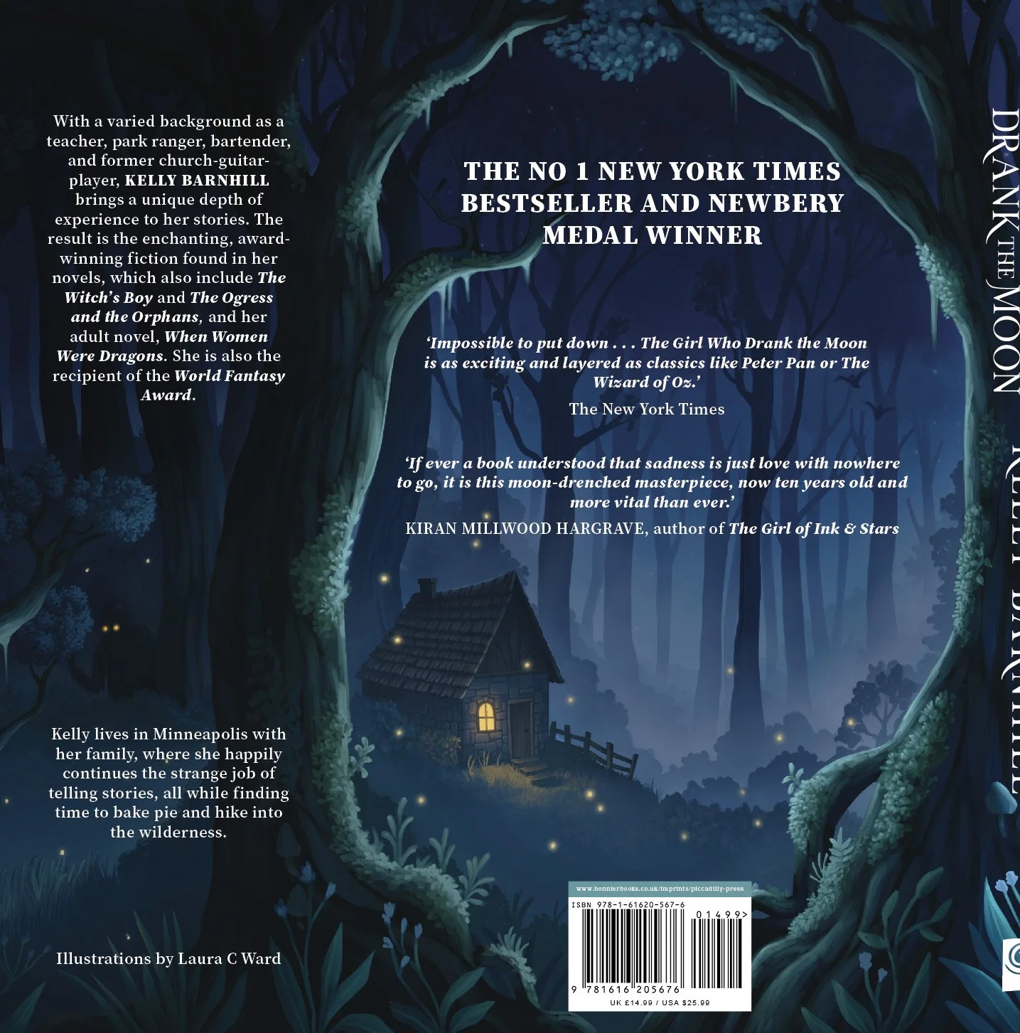 Book cover featuring a dark, enchanted forest with glowing fireflies, trees with twisted branches, and a small cozy house with lit windows.