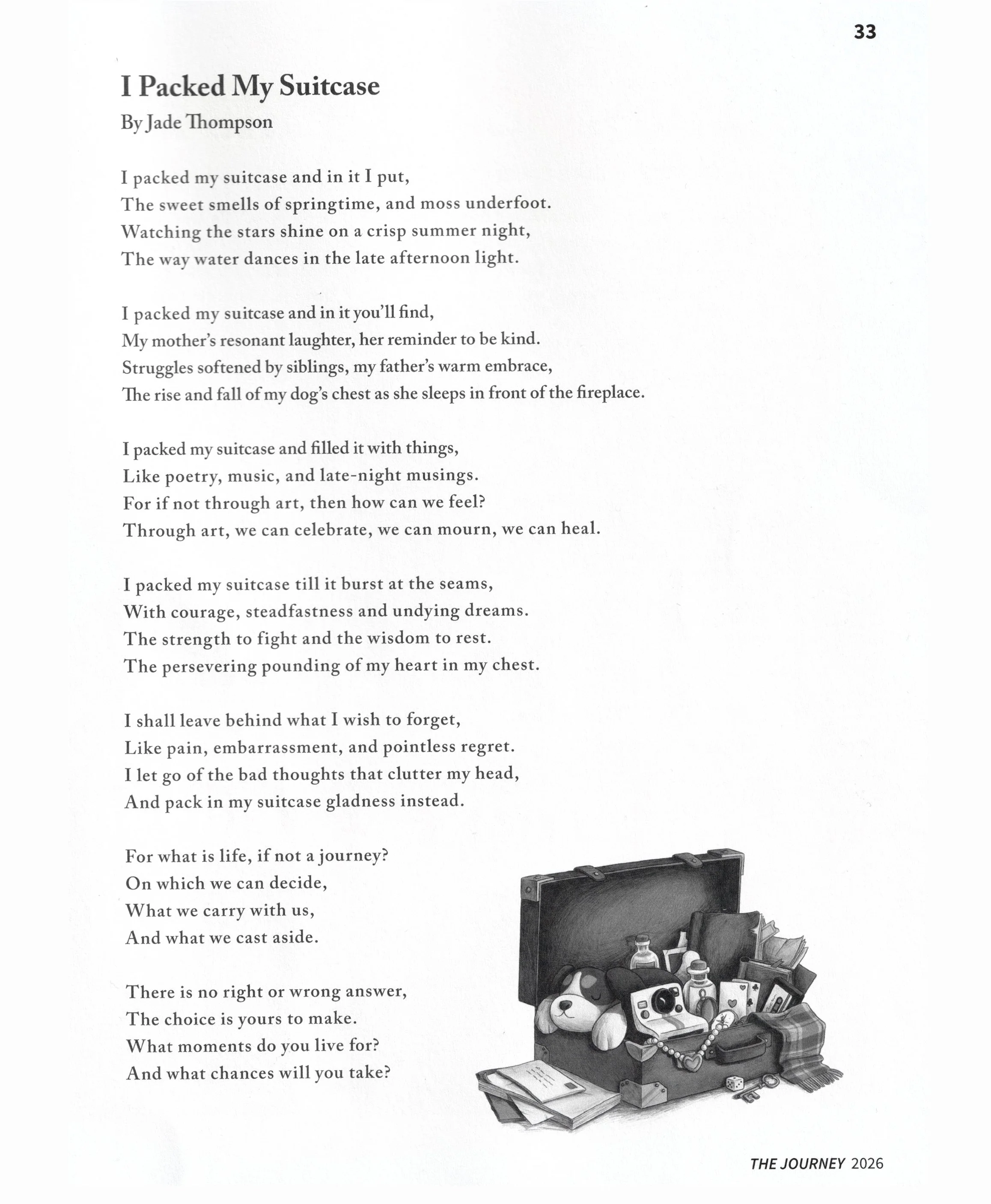 Page from Milk Magazine with the title 'I Packed My Suitcase' by Jade Thompson, featuring a poem and a black and white illustration of an open suitcase filled with various items including a teddy bear, camera, bottle, books, and other personal belong