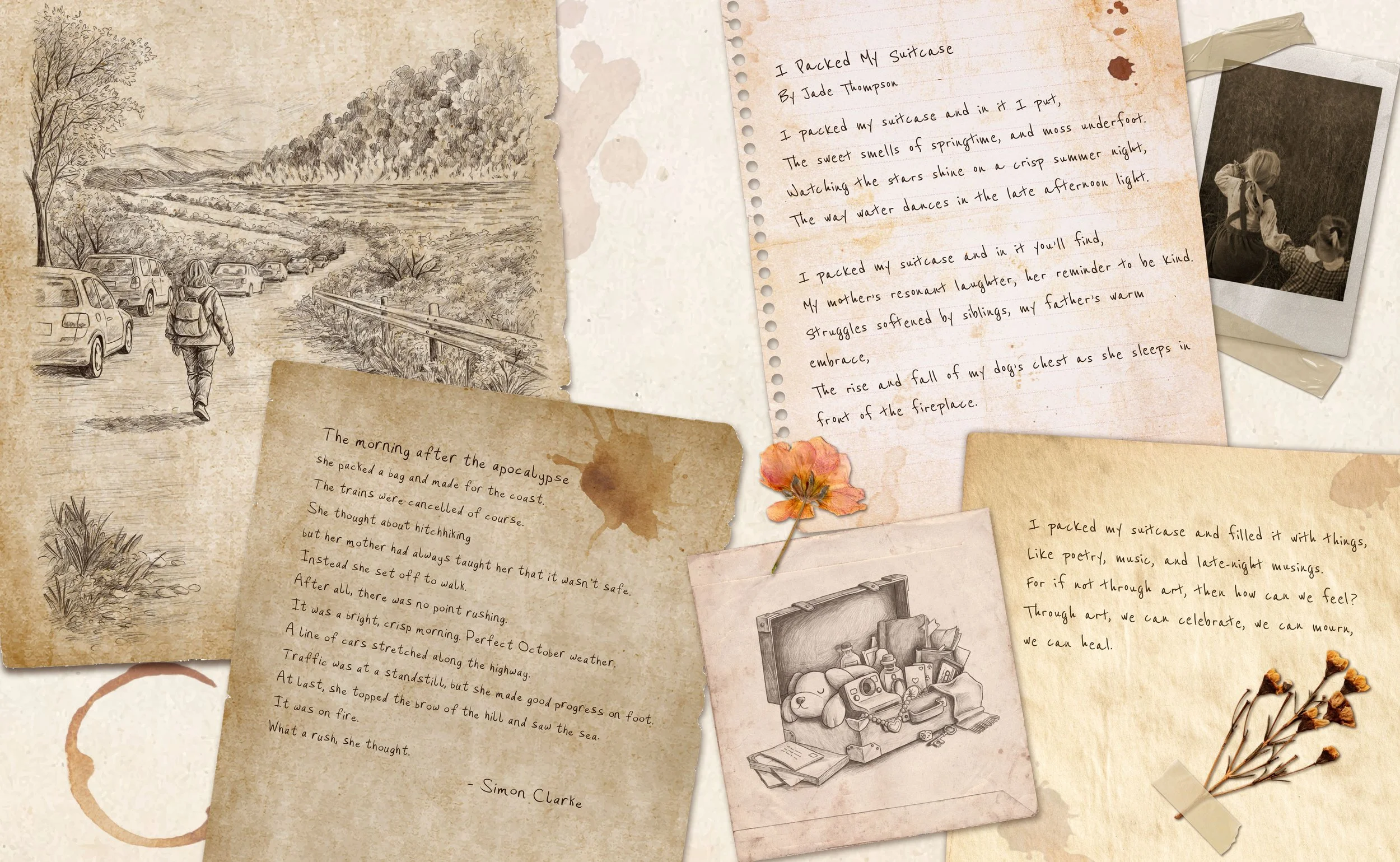 Collage of vintage-style papers, a sketch of a person walking along a winding mountain road, handwritten poems, a black-and-white photo of children playing outside, and scattered dried flowers and art supplies.