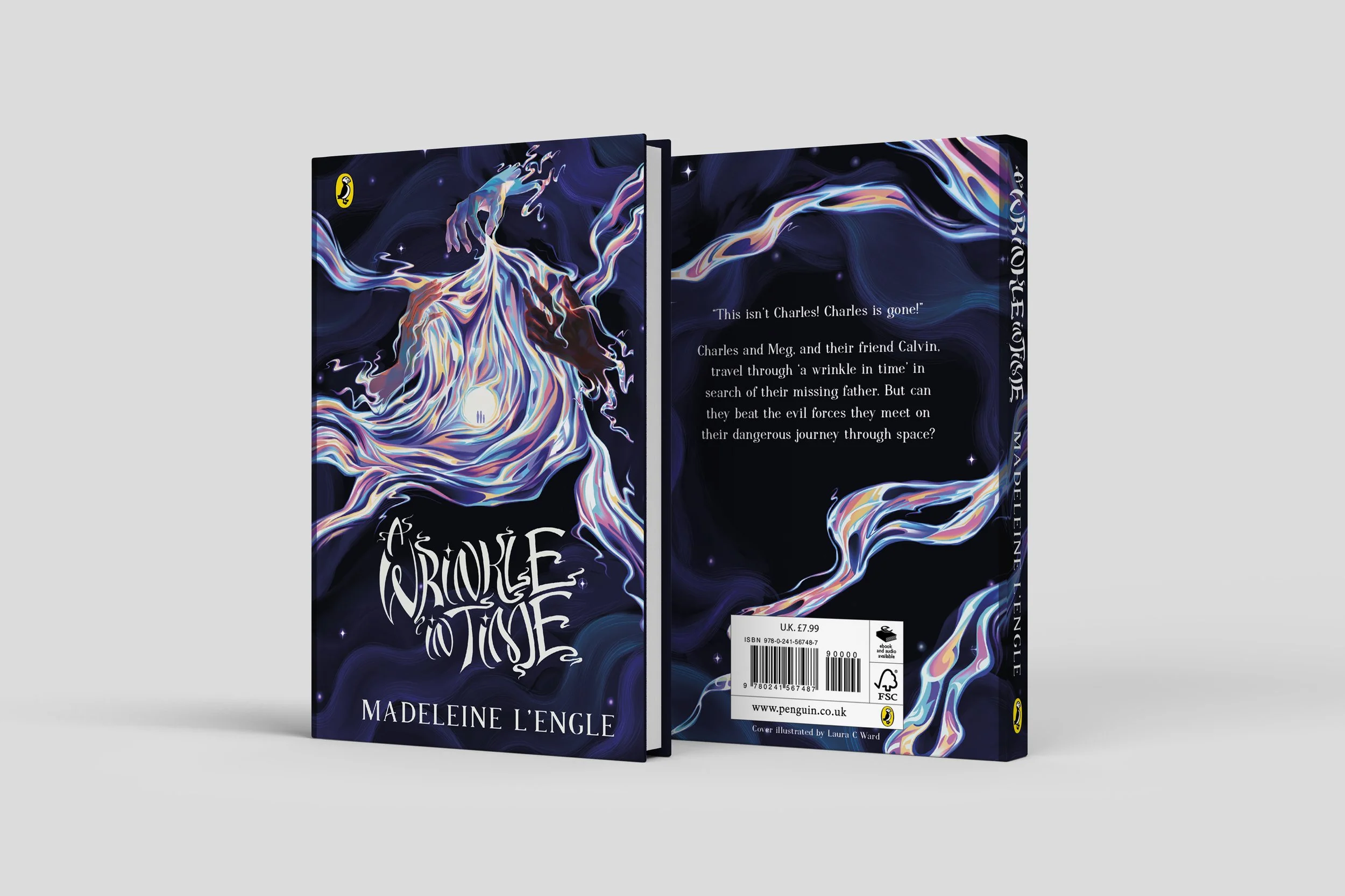A hardcover book titled "A Wrinkle in Time" by Madeleine L'Engle features a dark cover with swirling colorful lines and abstract illustrations.