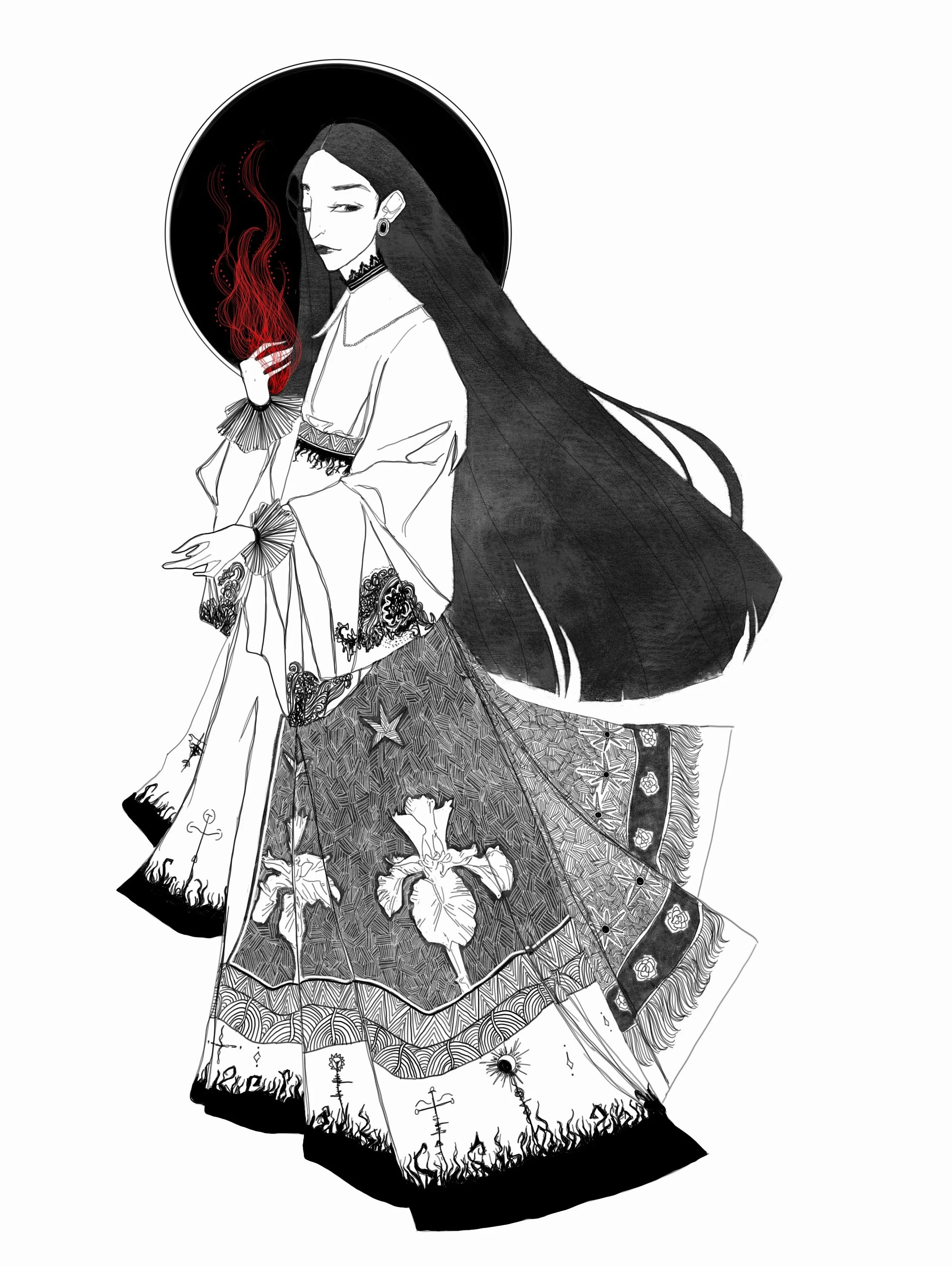 Stylized illustration of a woman with long black hair, wearing traditional detailed clothing with floral and geometric patterns, standing in front of a dark circular background, holding a red flame or hair-like element.