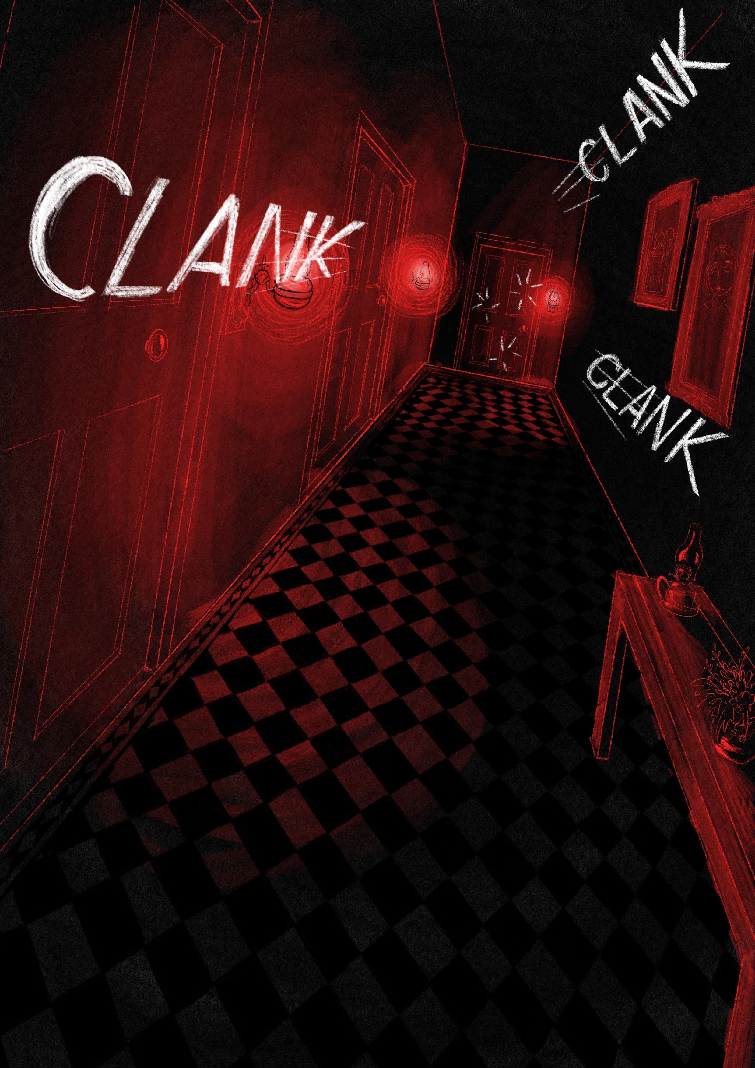 A dark hallway with red neon outline drawings of furniture, doors, and a checkered floor. The word 'CLANK' is written in white. The hallway appears to have a surreal, sketch-like look with glowing red accents.