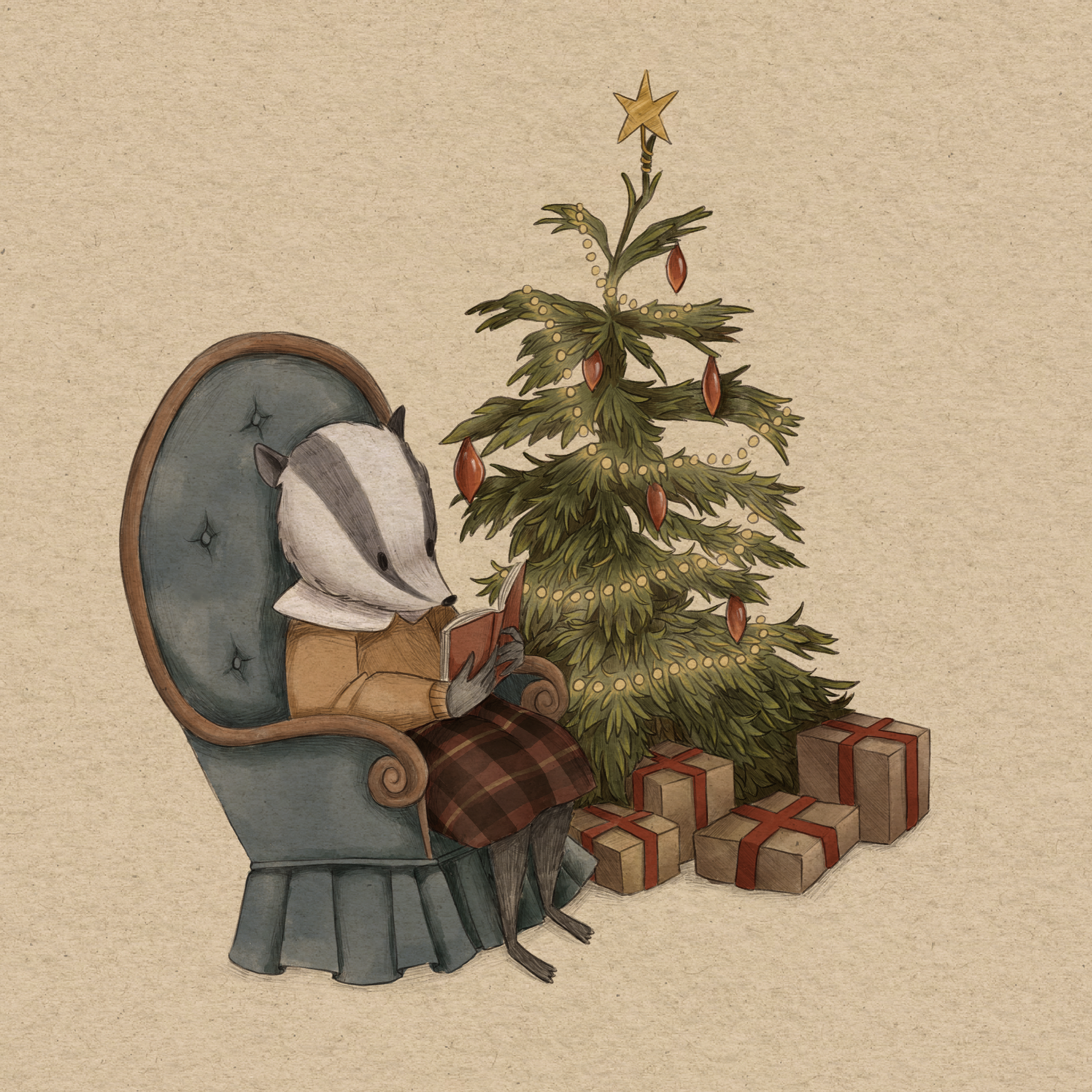 A hand-drawn illustration of a Christmas scene featuring a decorated Christmas tree, a gray and white badger, and retro-style brick gifts, all set against a beige textured background.