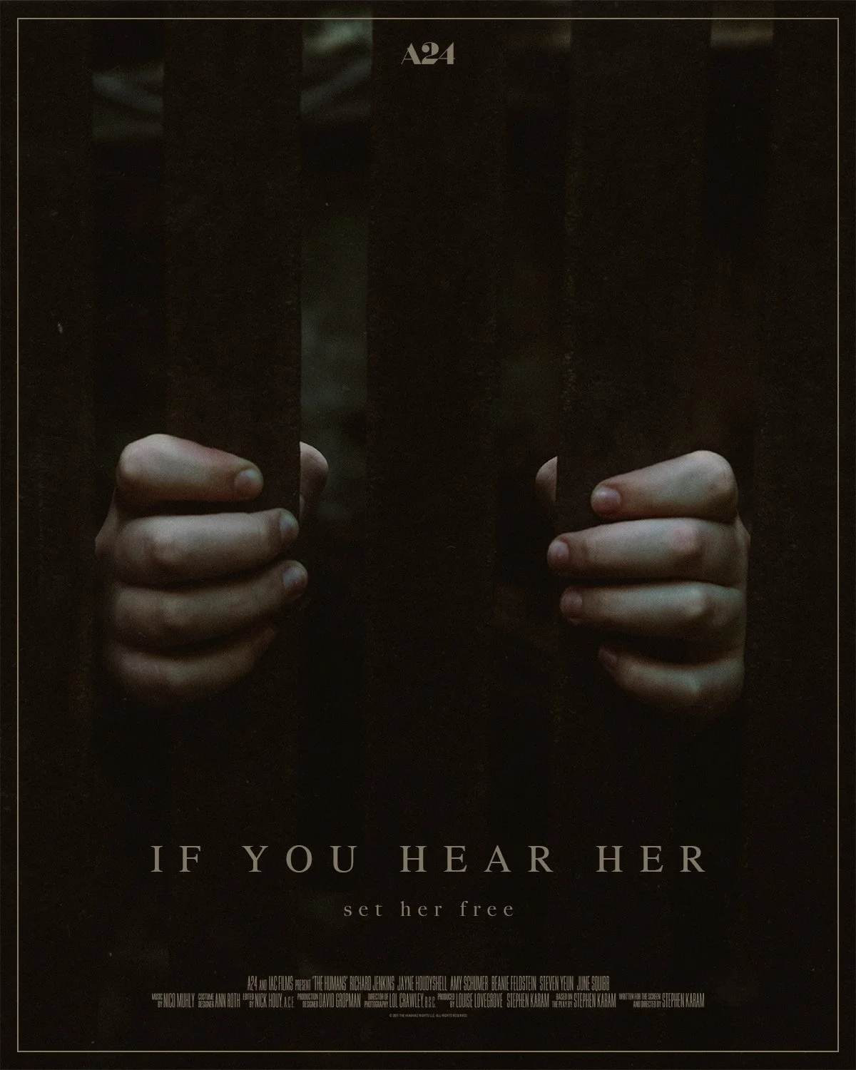 A dark poster with a pair of hands gripping prison bars. The title reads 'A24' at the top, and the text at the bottom says 'If you hear her, set her free'.