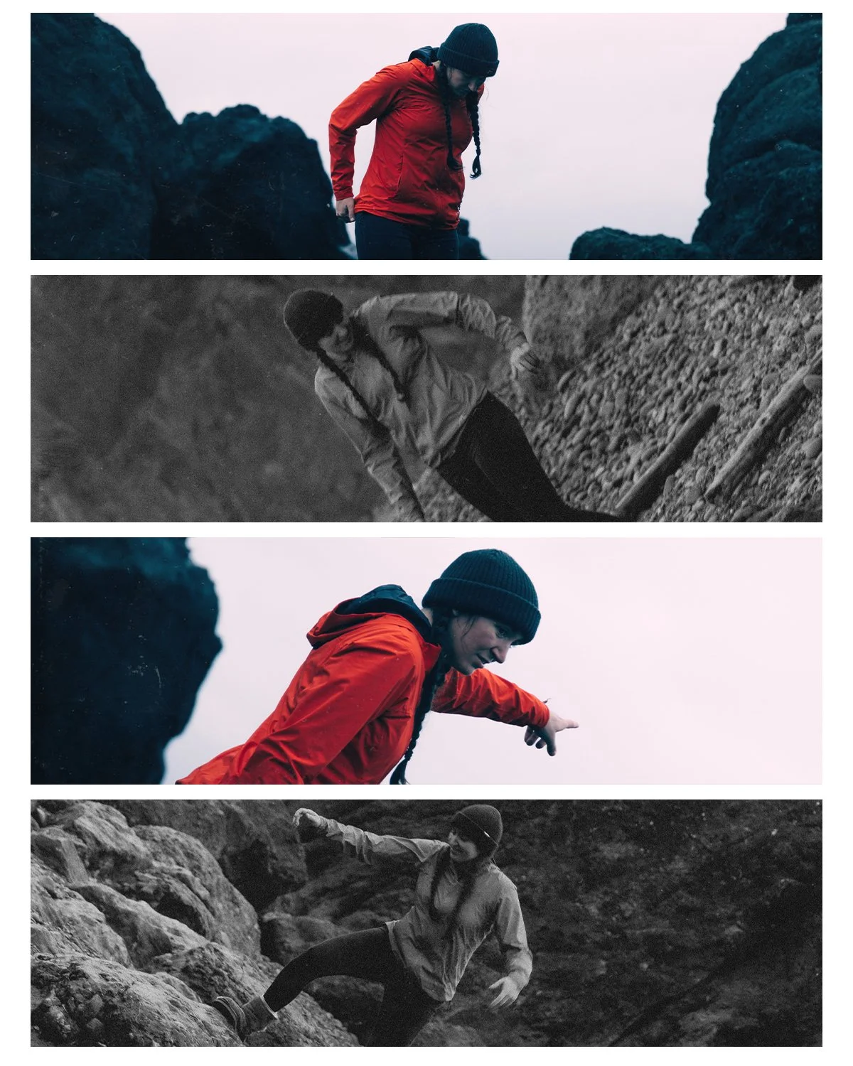 A sequence of four images showing a woman engaged in outdoor activities. The first image shows her wearing a red jacket and black beanie, looking down on rocky terrain. The second image is a black-and-white photo of her climbing on rocks, focused and