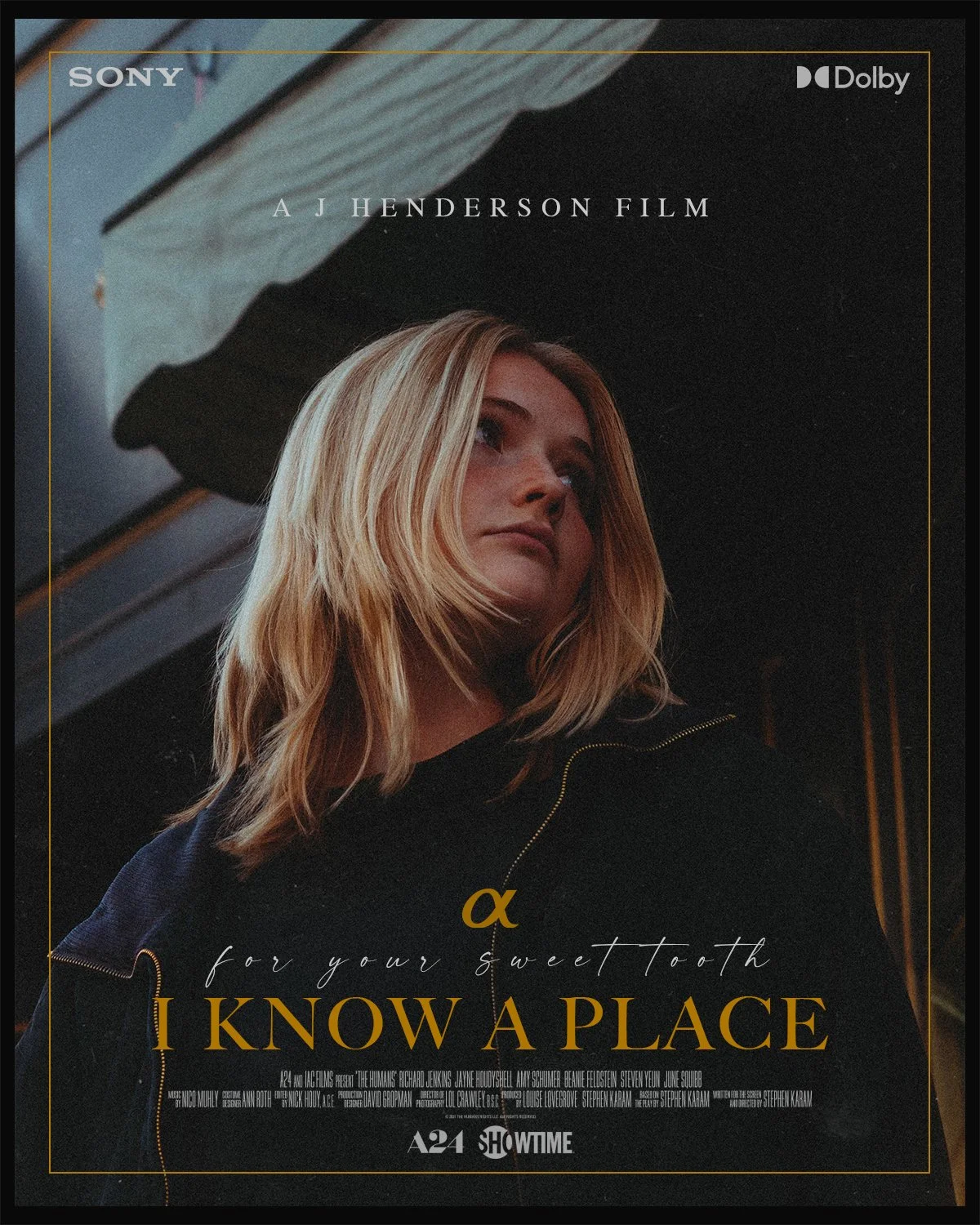 A poster for the film 'I Know a Place' features a woman with blond hair looking upward. The poster includes the logos for Sony, Dolby, A24, and Showtime.
