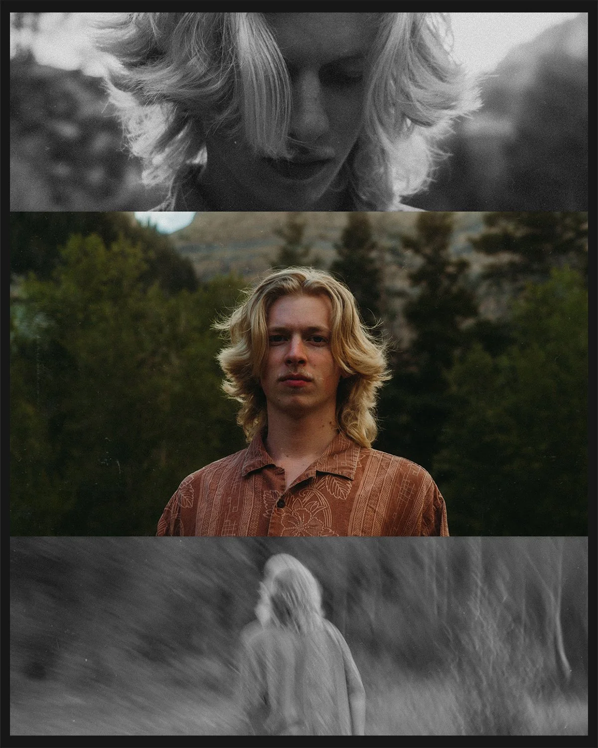 A three-panel collage featuring a young man with long, blond hair. The top panel shows a close-up black-and-white image of the man looking downward with his hair partially covering his face. The middle panel is a color photograph of the man standing 