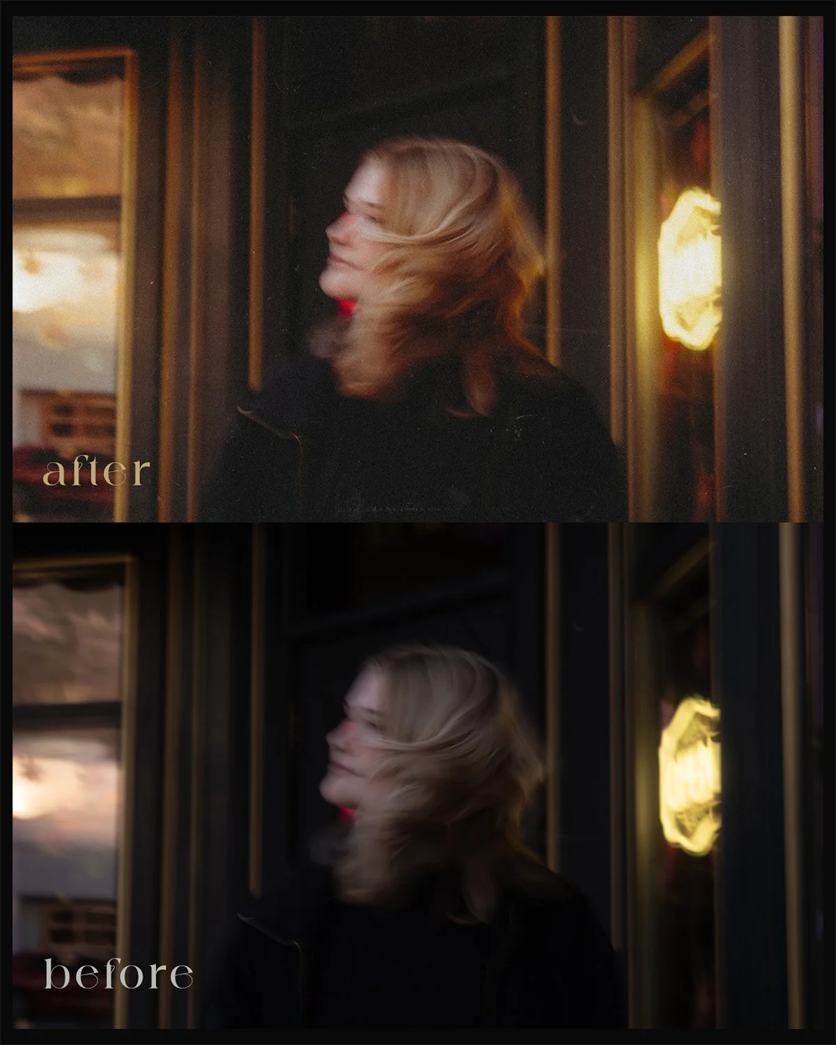 Comparison of two images showing a woman with blonde hair in front of a mirror, labeled 'before' at the bottom of the lower image and 'after' at the bottom of the upper image. The 'after' image appears sharper and more vibrant.