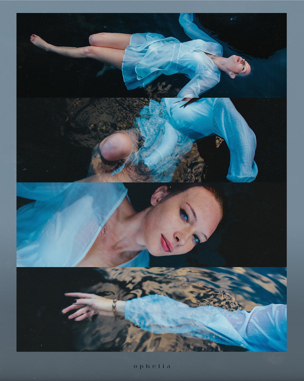 A woman in a light blue dress floating on her back in dark water, with close-up shots of her face and hand, and the name 'Ophelia' at the bottom.